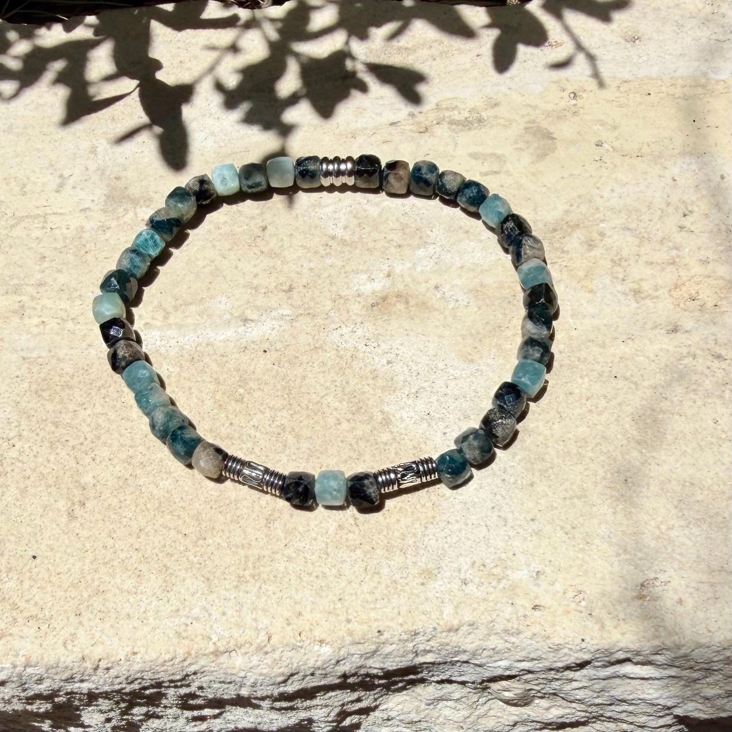 Blue Tourmaline Cube Bracelet • 4mm Stones • Bali Silver Accents