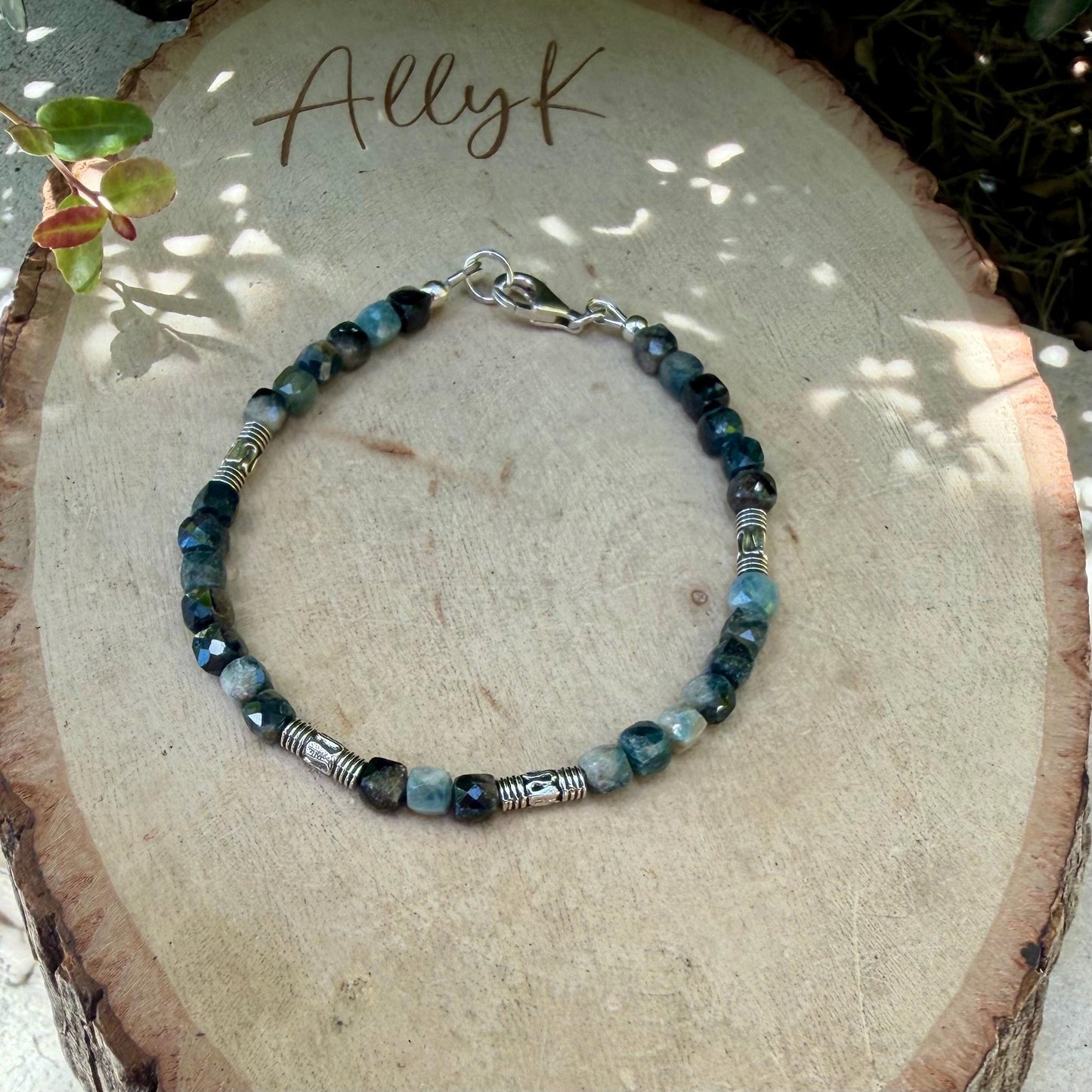 Blue Tourmaline Cube Bracelet • 4mm Stones • Bali Silver Accents