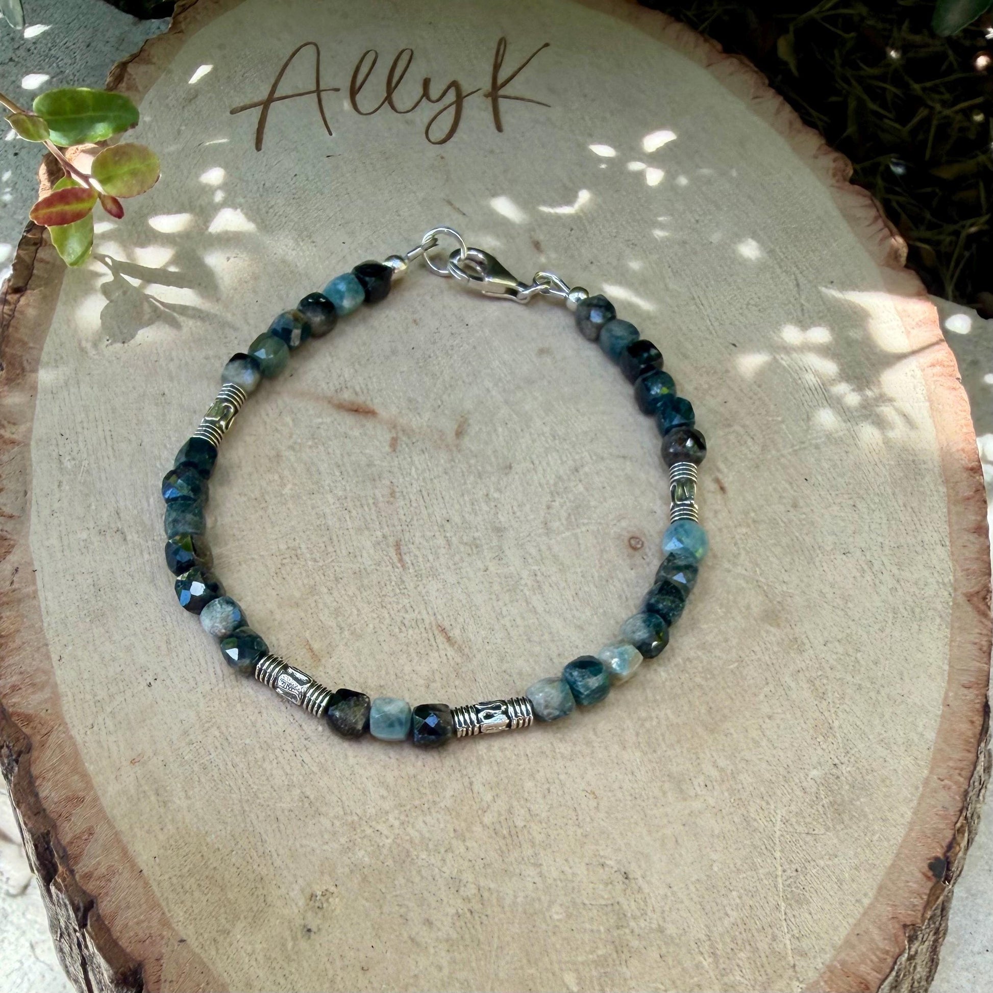 Blue Tourmaline Cube Bracelet • 4mm Stones • Bali Silver Accents