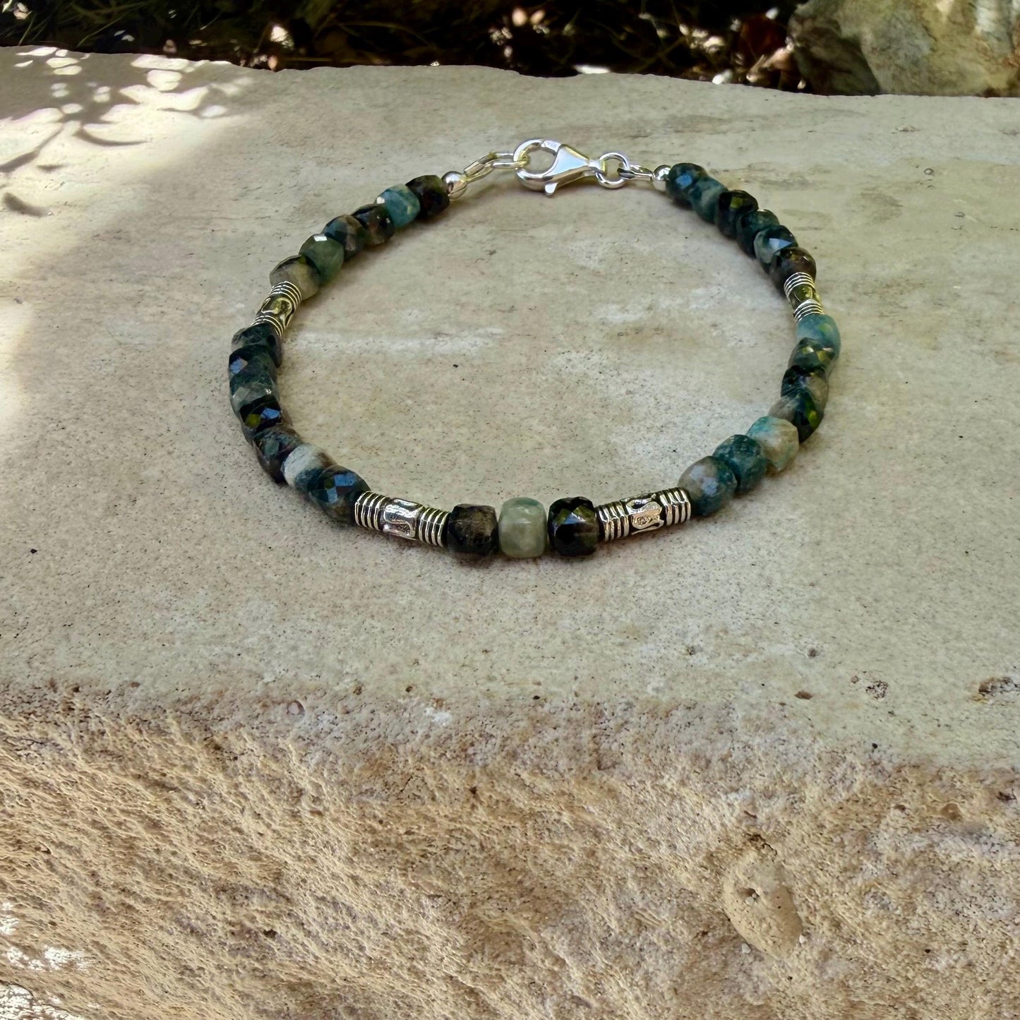 Blue Tourmaline Cube Bracelet • 4mm Stones • Bali Silver Accents