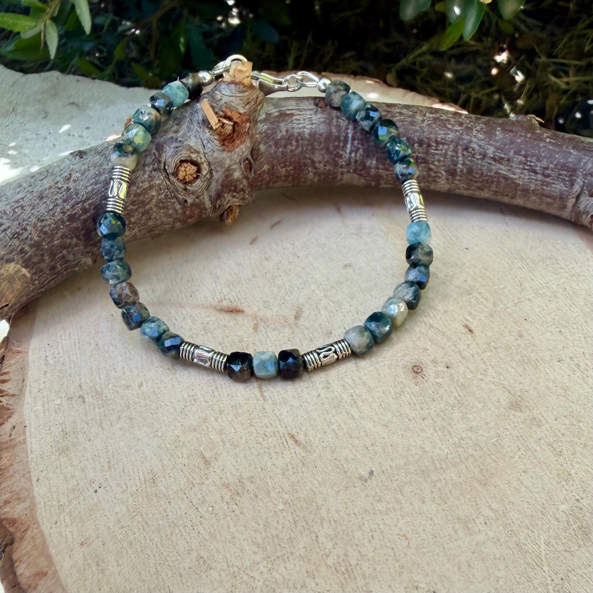 Blue Tourmaline Cube Bracelet • 4mm Stones • Bali Silver Accents