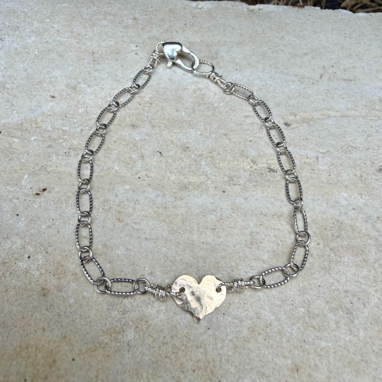 Mixed‑Metal Heart Bracelet • 14k Gold‑Filled Heart • Sterling Silver Chain • Dainty Jewelry