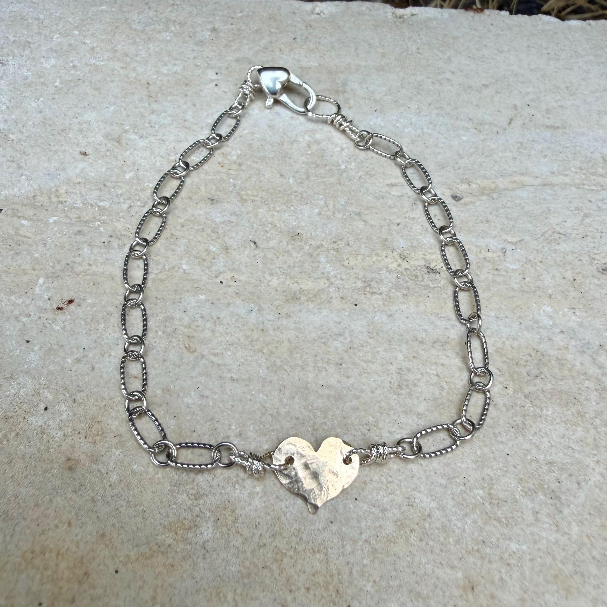 Mixed‑Metal Heart Bracelet • 14k Gold‑Filled Heart • Sterling Silver Chain • Dainty Jewelry
