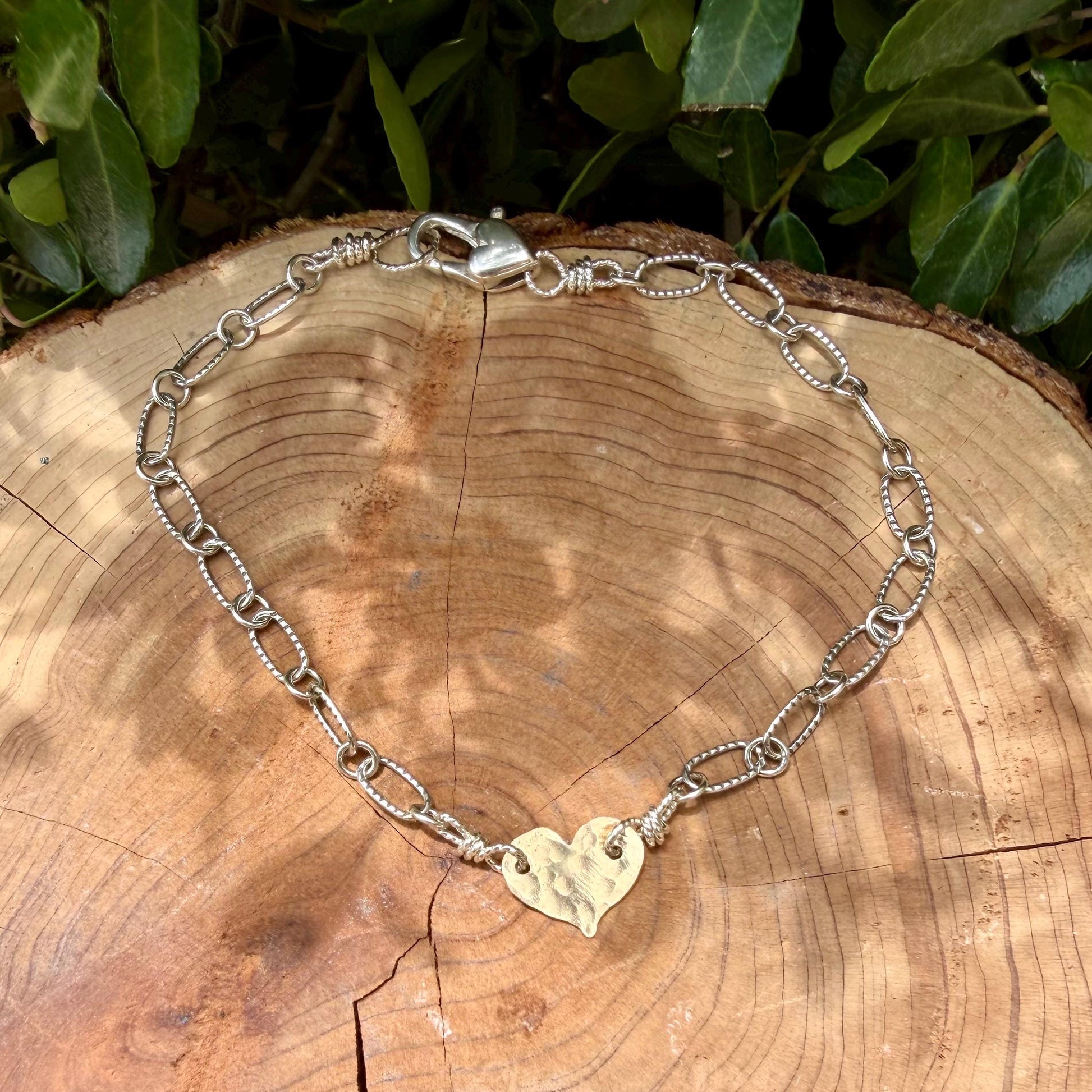 Mixed‑Metal Heart Bracelet • 14k Gold‑Filled Heart • Sterling Silver Chain • Dainty Jewelry