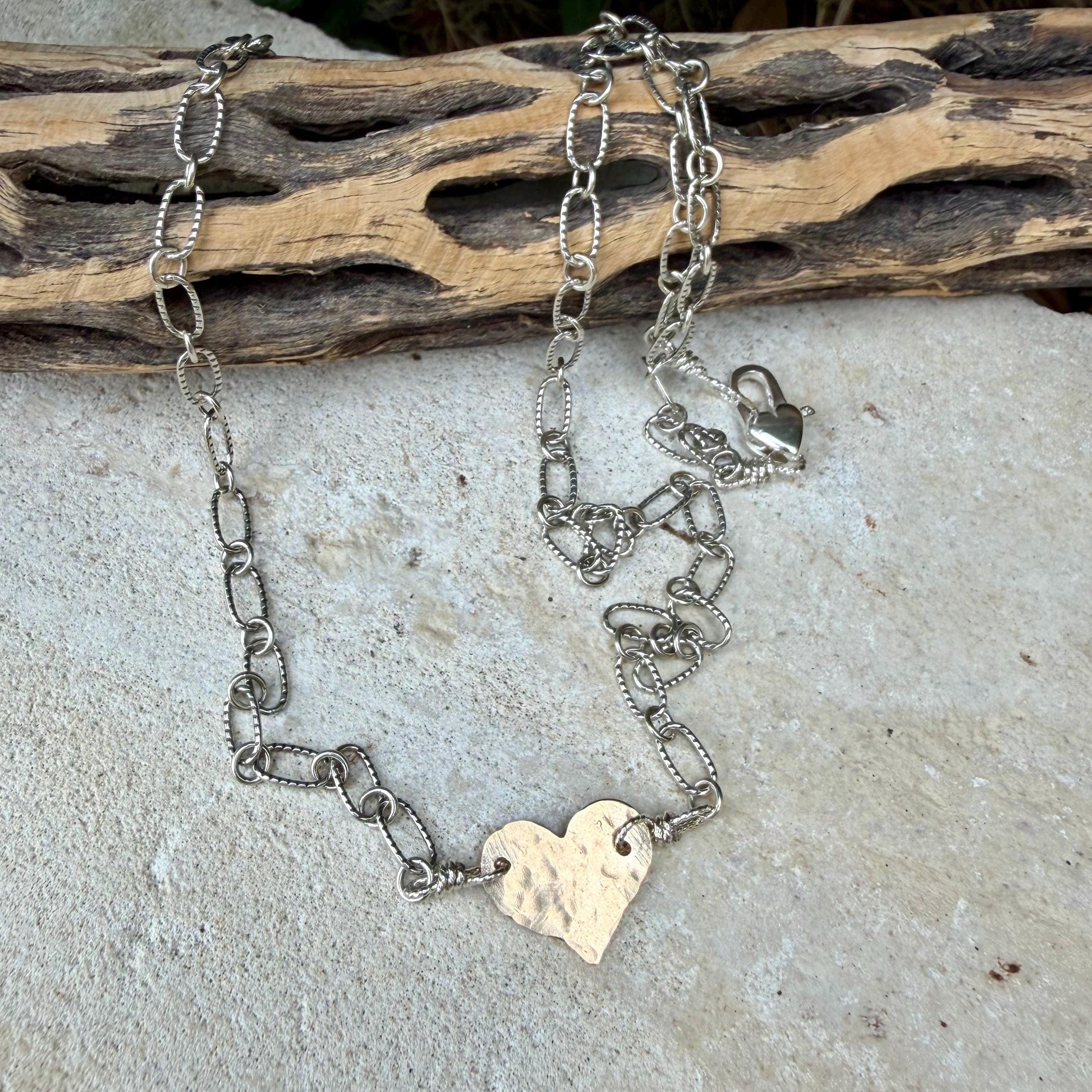 Mixed‑Metal Heart Necklace • 14kt Gold‑Filled Heart • Sterling Mariner Chain • Dainty Minimalist Choker