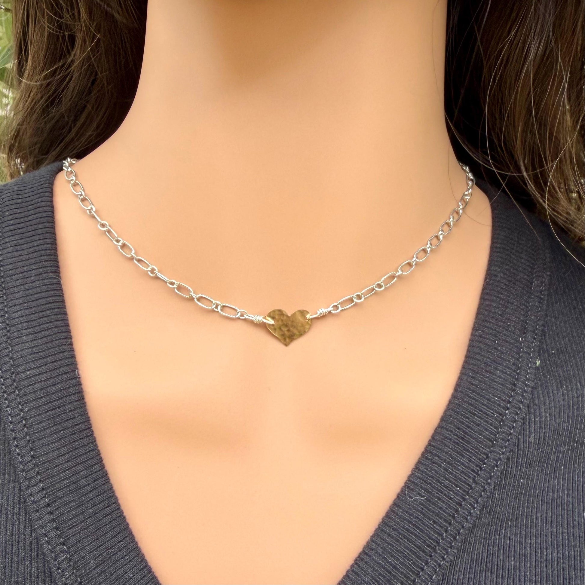Mixed‑Metal Heart Necklace • 14kt Gold‑Filled Heart • Sterling Mariner Chain • Dainty Minimalist Choker
