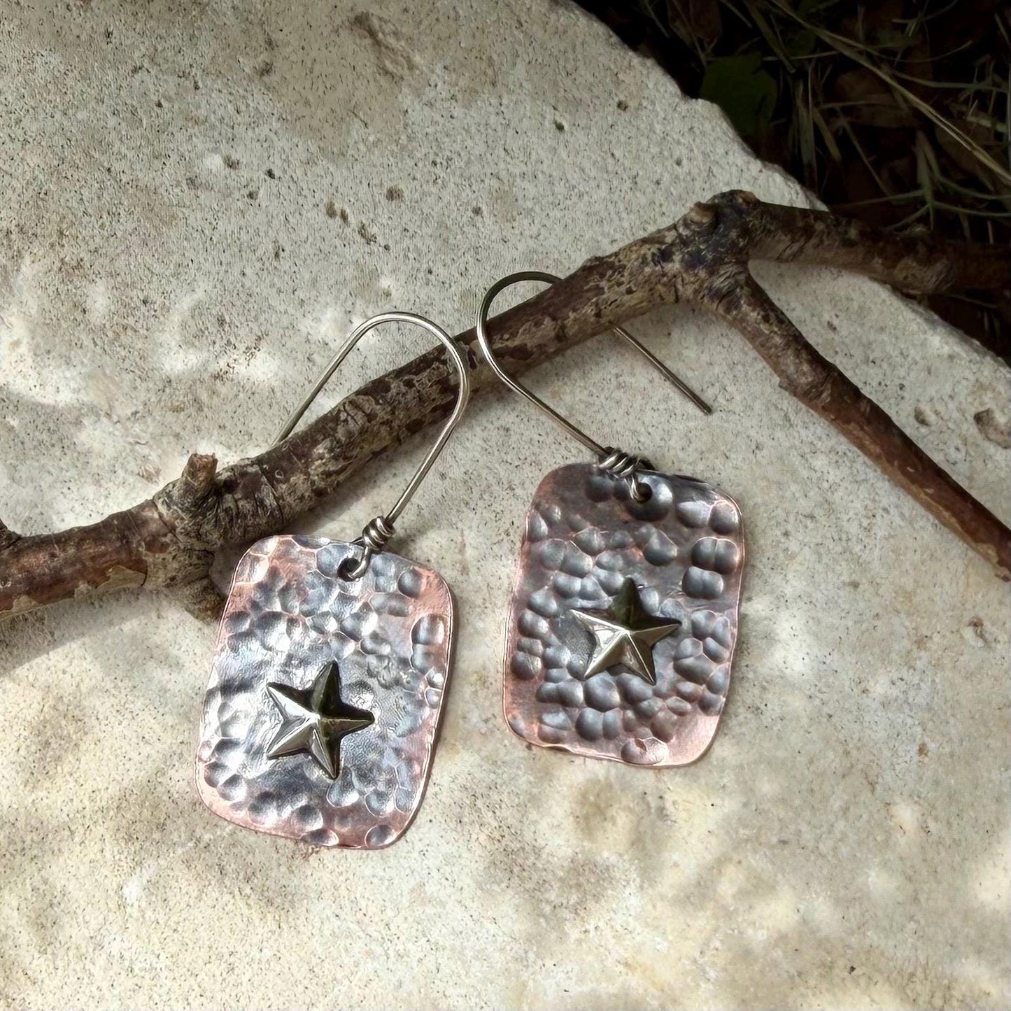 Mixed Metal Copper Earrings with Sterling Silver Star · Lonestar Hammered Western Dangle Drop Earrings