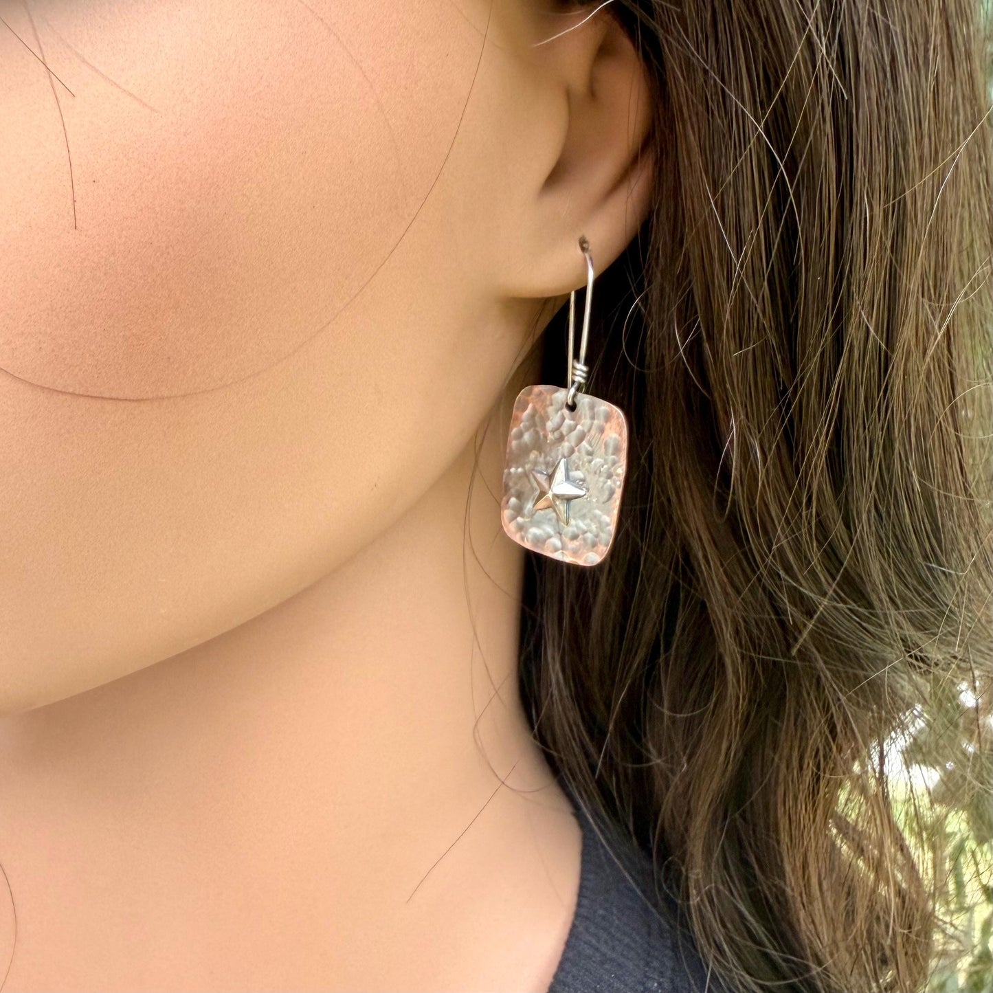 Mixed Metal Copper Earrings with Sterling Silver Star · Lonestar Hammered Western Dangle Drop Earrings
