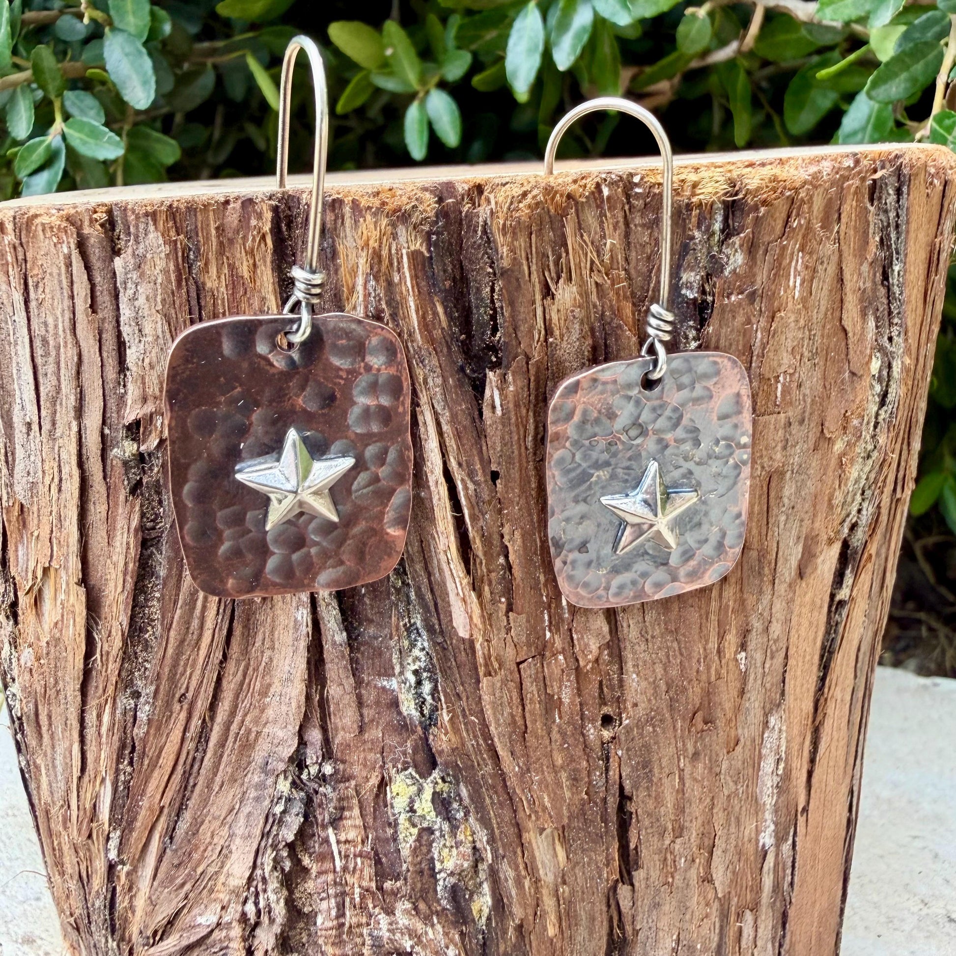 Mixed Metal Copper Earrings with Sterling Silver Star · Lonestar Hammered Western Dangle Drop Earrings