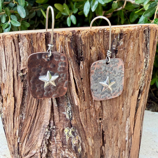 Mixed Metal Copper Earrings with Sterling Silver Star · Lonestar Hammered Western Dangle Drop Earrings