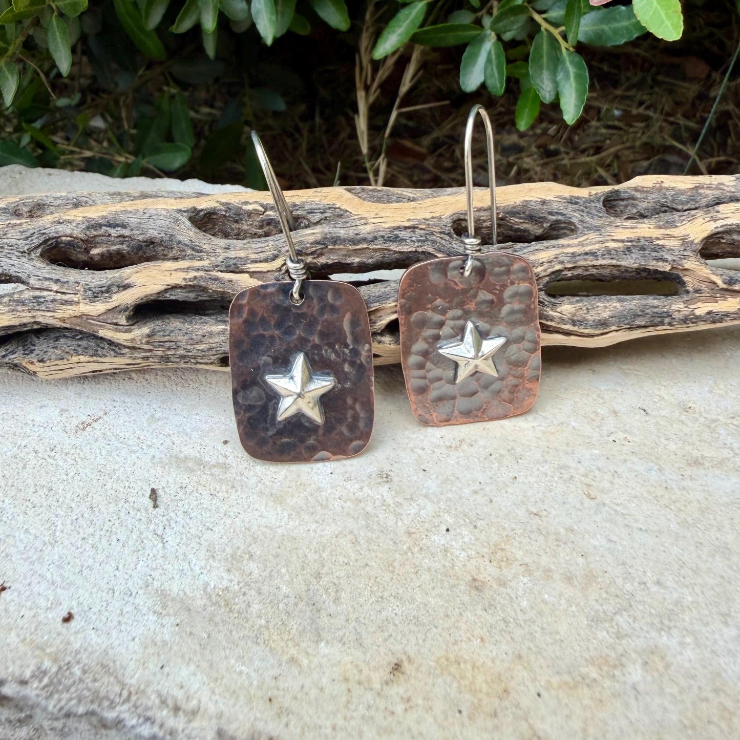 Mixed Metal Copper Earrings with Sterling Silver Star · Lonestar Hammered Western Dangle Drop Earrings