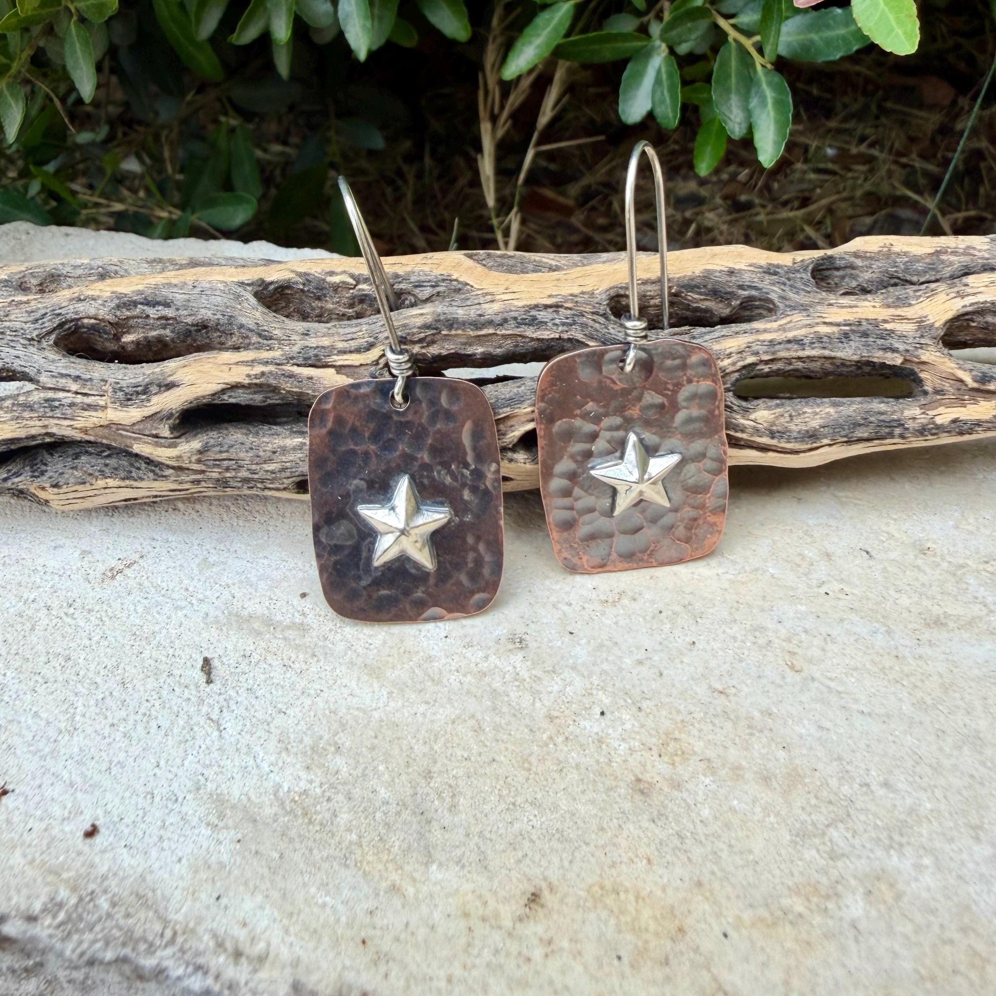 Mixed Metal Copper Earrings with Sterling Silver Star · Lonestar Hammered Western Dangle Drop Earrings