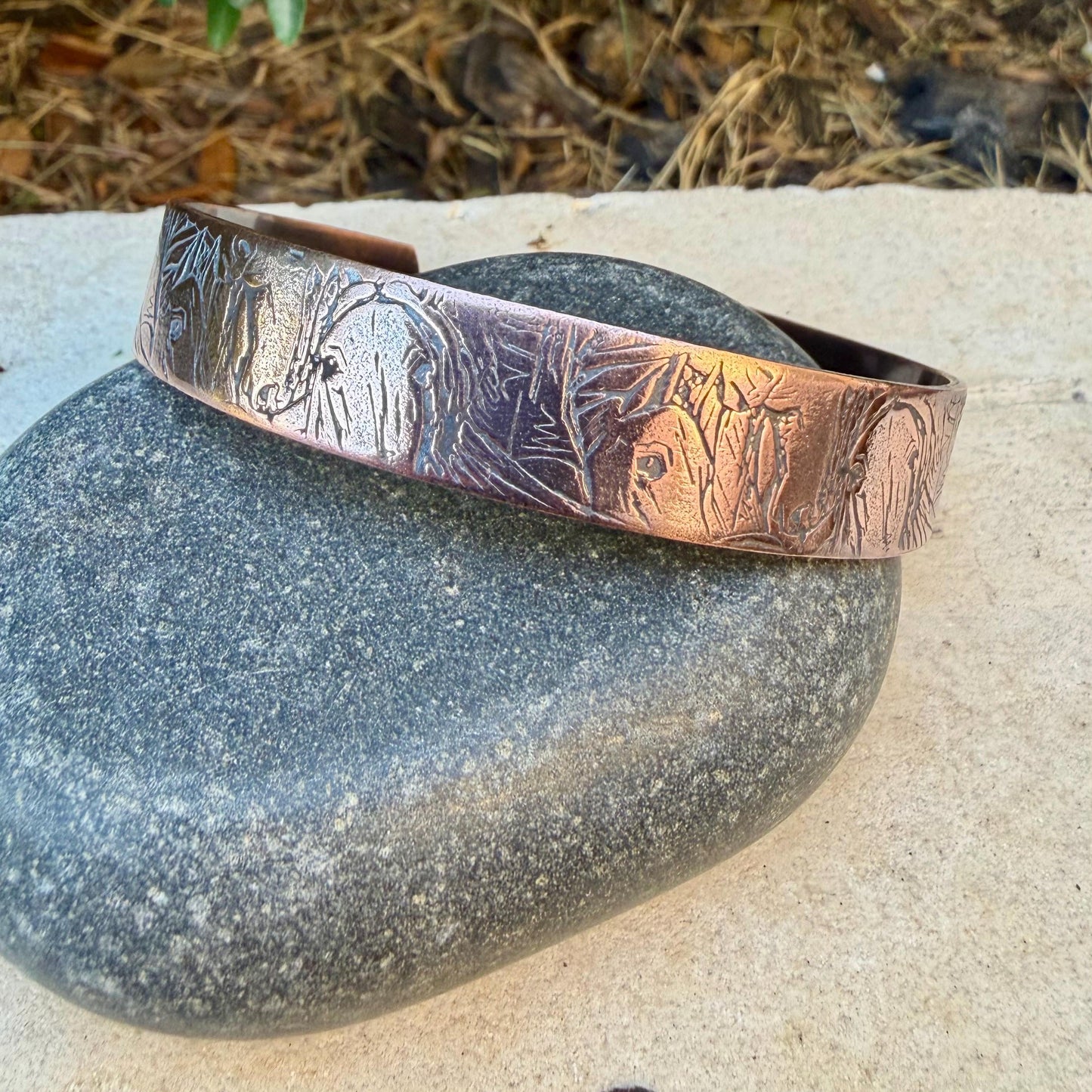 Horse Embossed Copper Cuff • Rustic Raw Copper Bracelet • Hand‑Forged Southwestern Jewelry