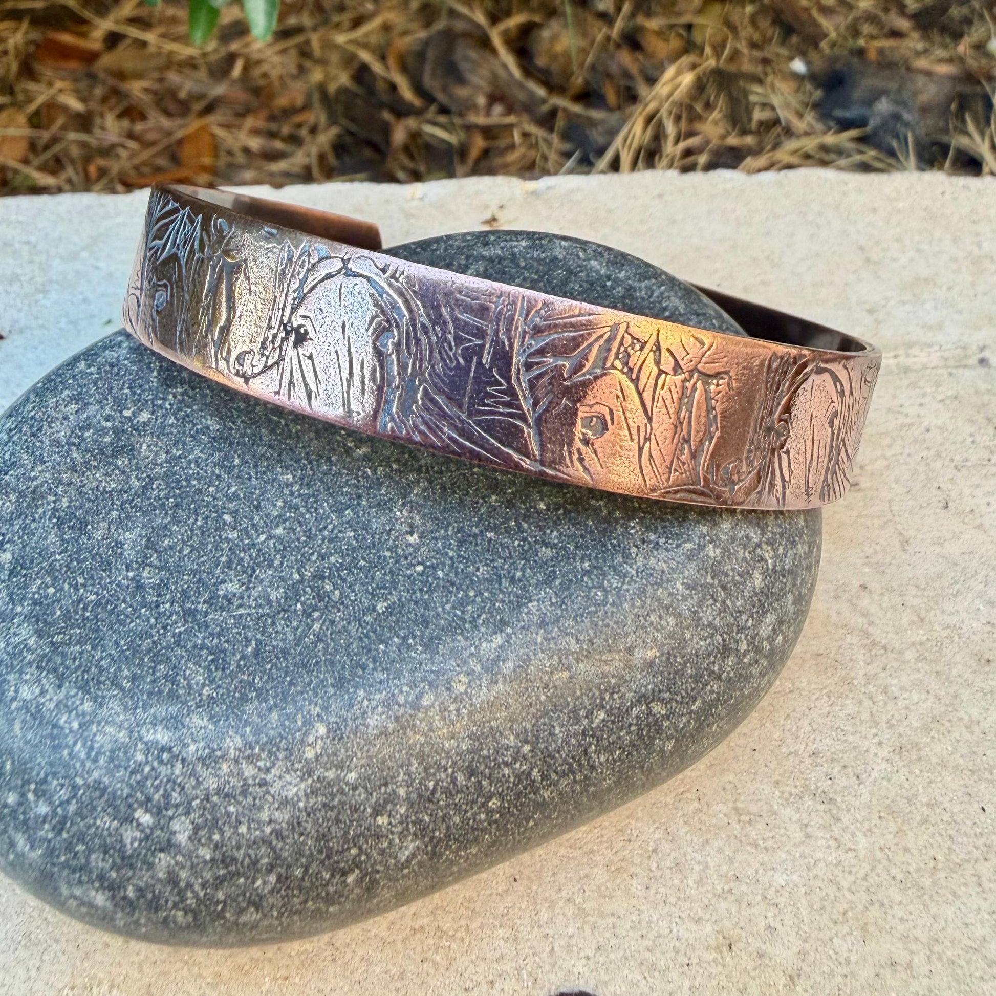 Horse Embossed Copper Cuff • Rustic Raw Copper Bracelet • Hand‑Forged Southwestern Jewelry