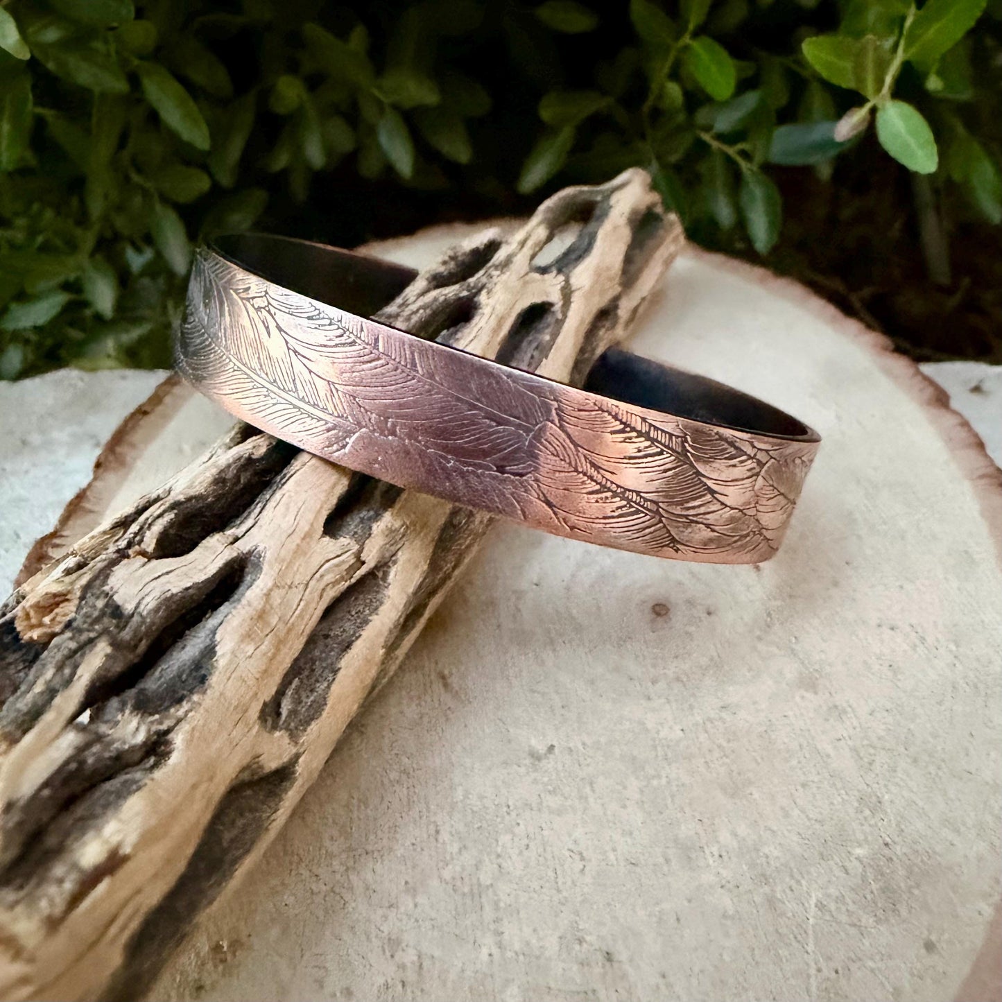 Feather Embossed Copper Cuff • Rustic Raw Copper Bracelet • Hand‑Forged Southwestern Jewelry