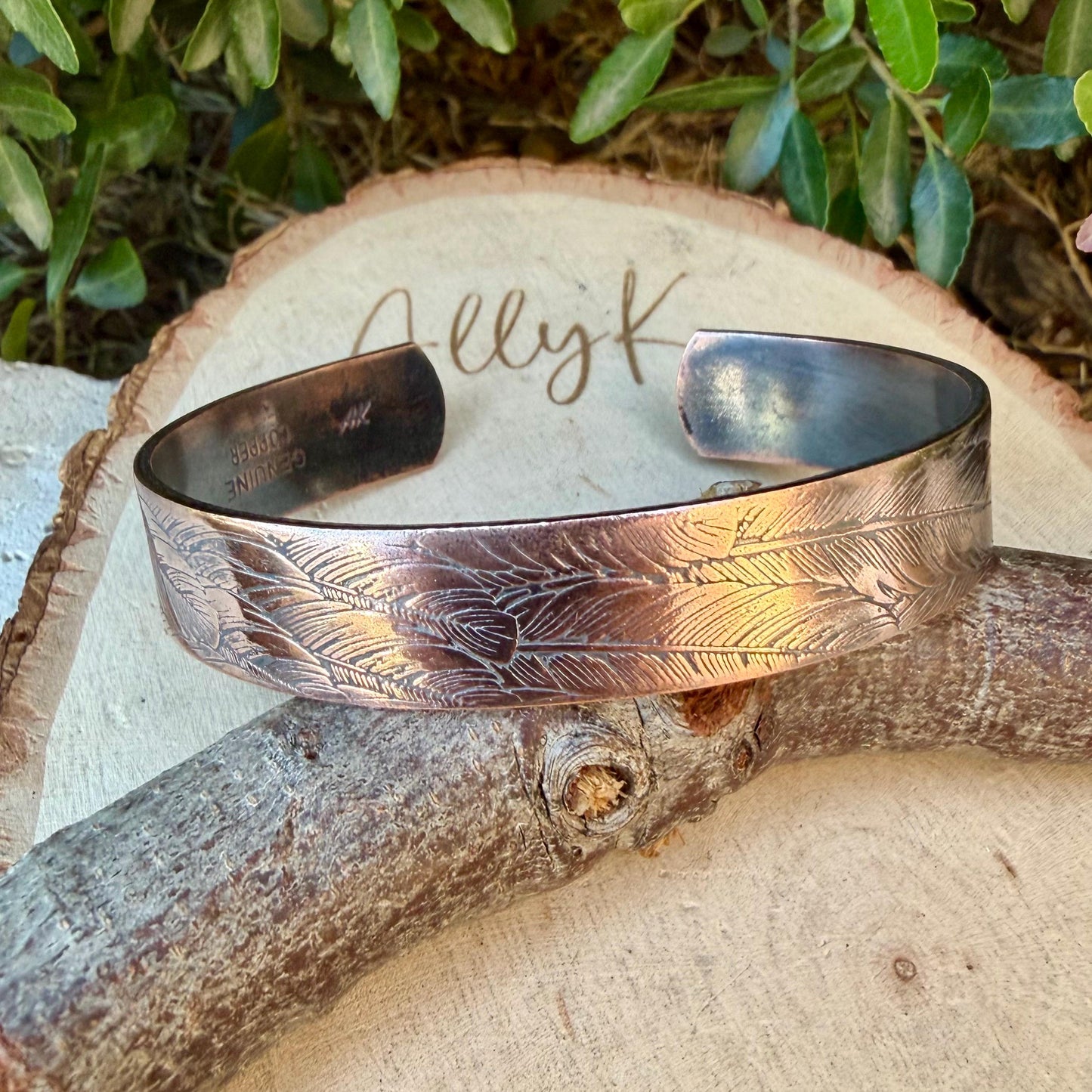Feather Embossed Copper Cuff • Rustic Raw Copper Bracelet • Hand‑Forged Southwestern Jewelry