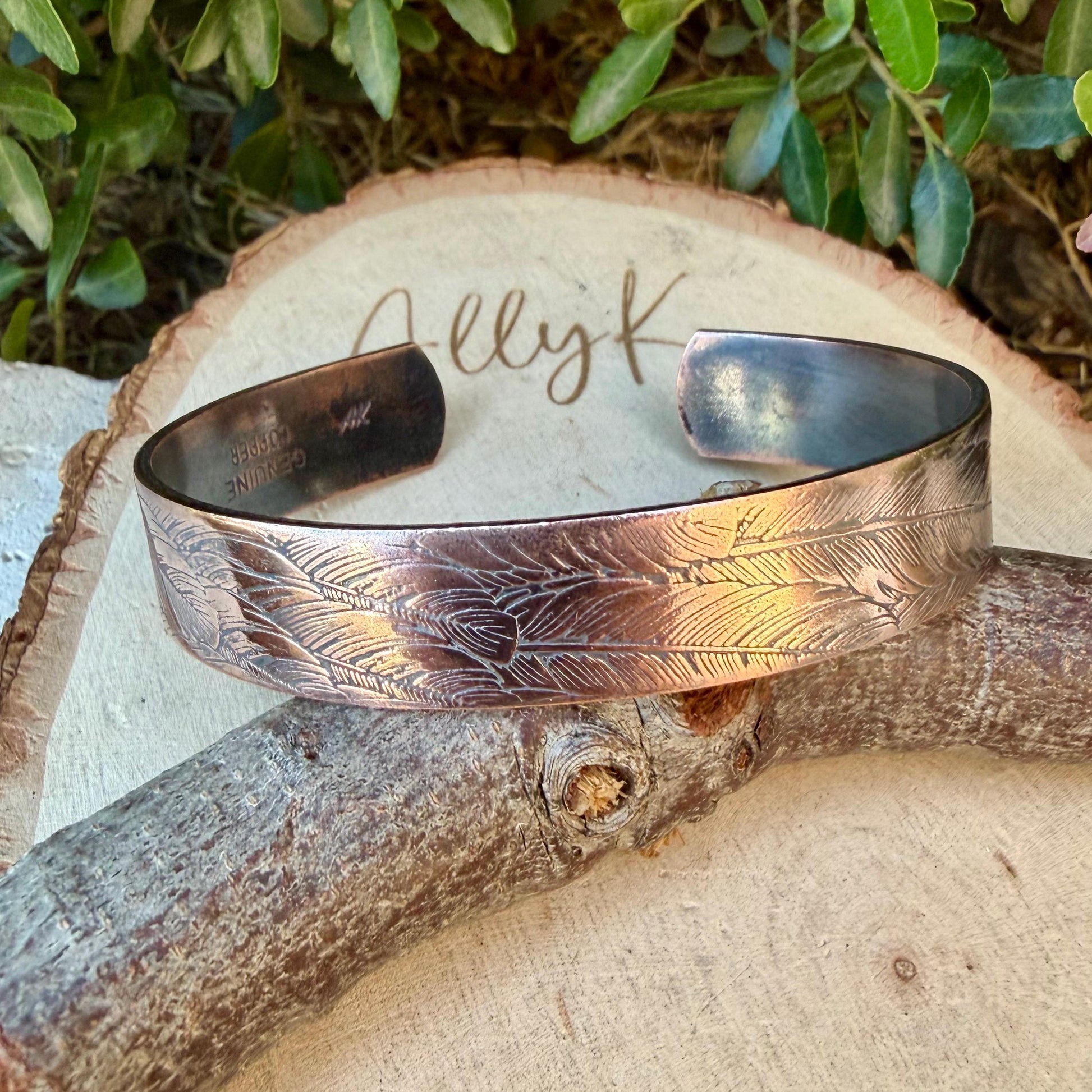 Feather Embossed Copper Cuff • Rustic Raw Copper Bracelet • Hand‑Forged Southwestern Jewelry