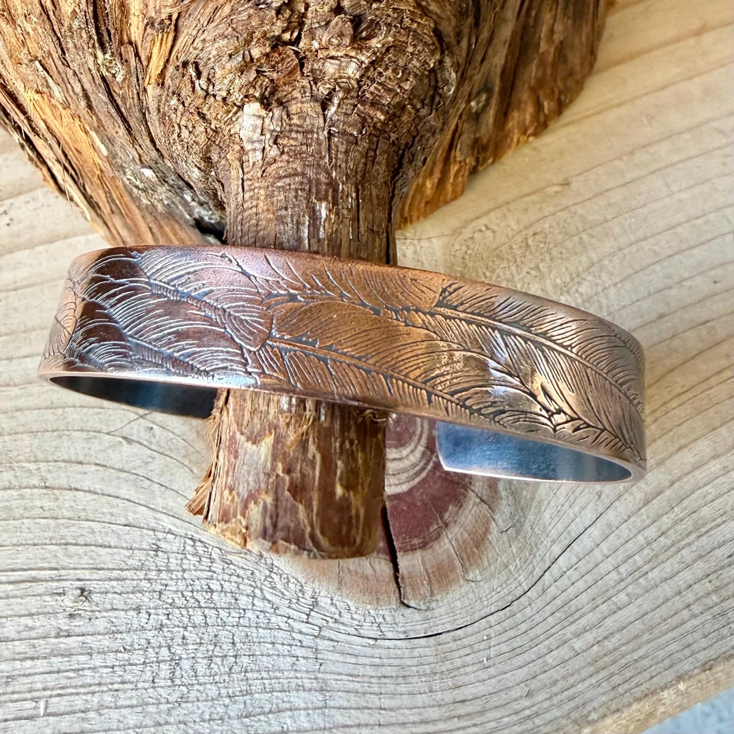 Feather Embossed Copper Cuff • Rustic Raw Copper Bracelet • Hand‑Forged Southwestern Jewelry