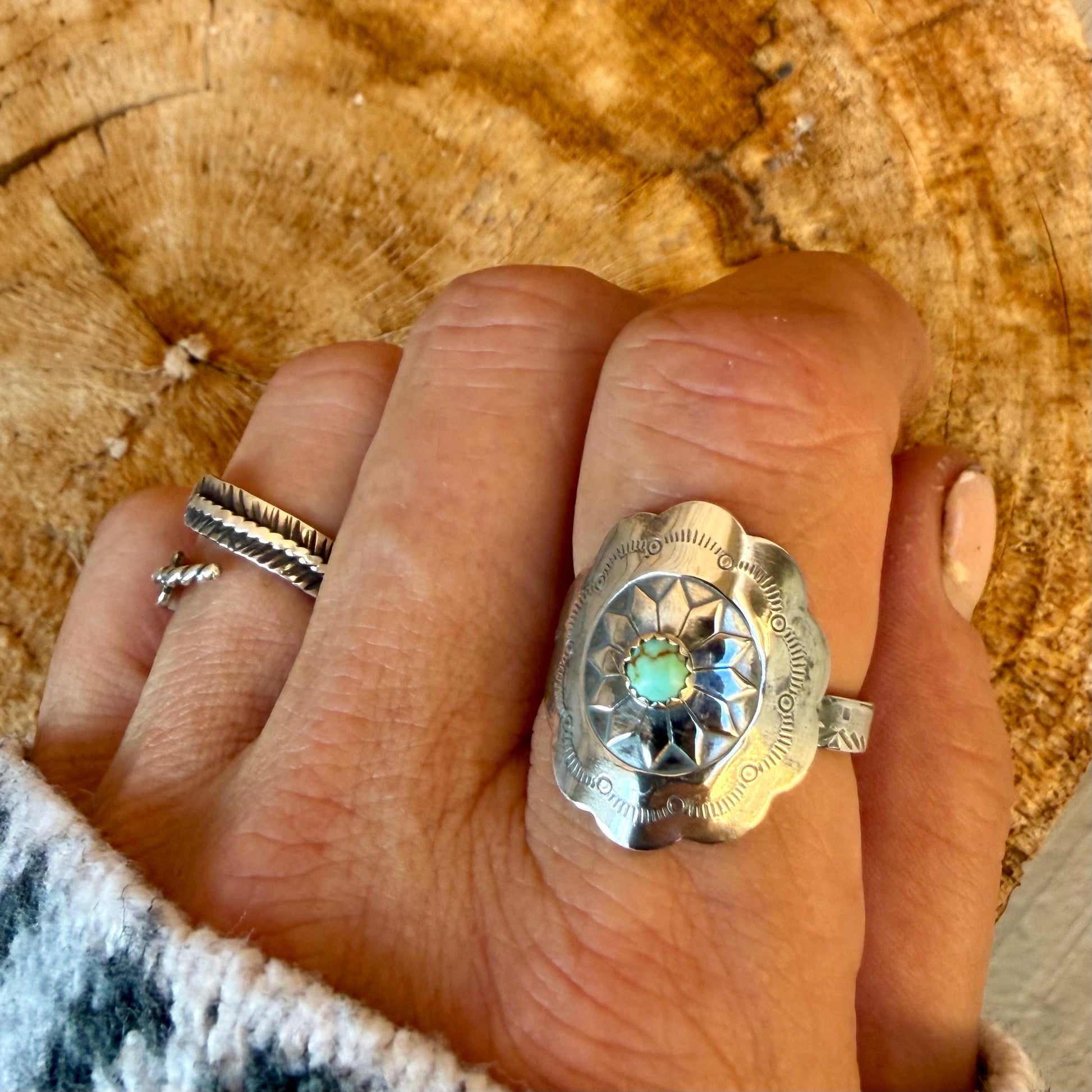 Turquoise Concho Sunflower Ring in Sterling Silver