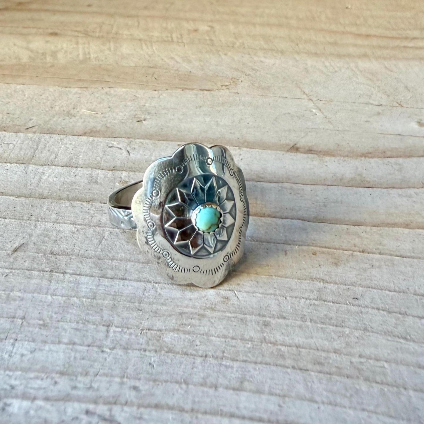 Turquoise Concho Sterling Silver Ring • Number 8 Turquoise • Southwestern Sunflower Band