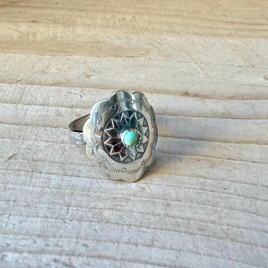 Turquoise Sunflower Concho Sterling Silver Ring • Number 8 Turquoise • Southwestern Band