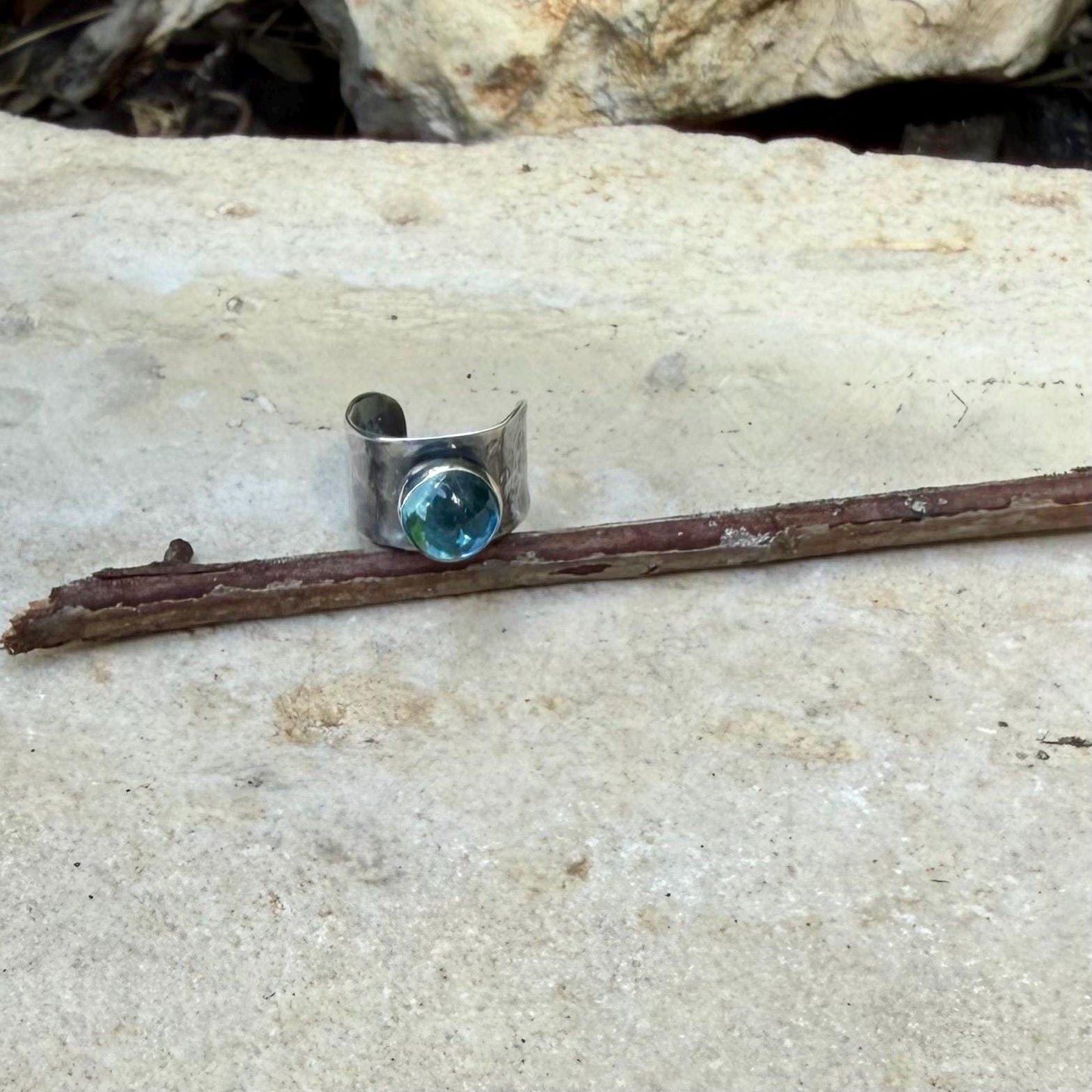 Swiss Blue Topaz Ear Cuff • Hammered Sterling Silver • No Piercing • 4mm or 7mm