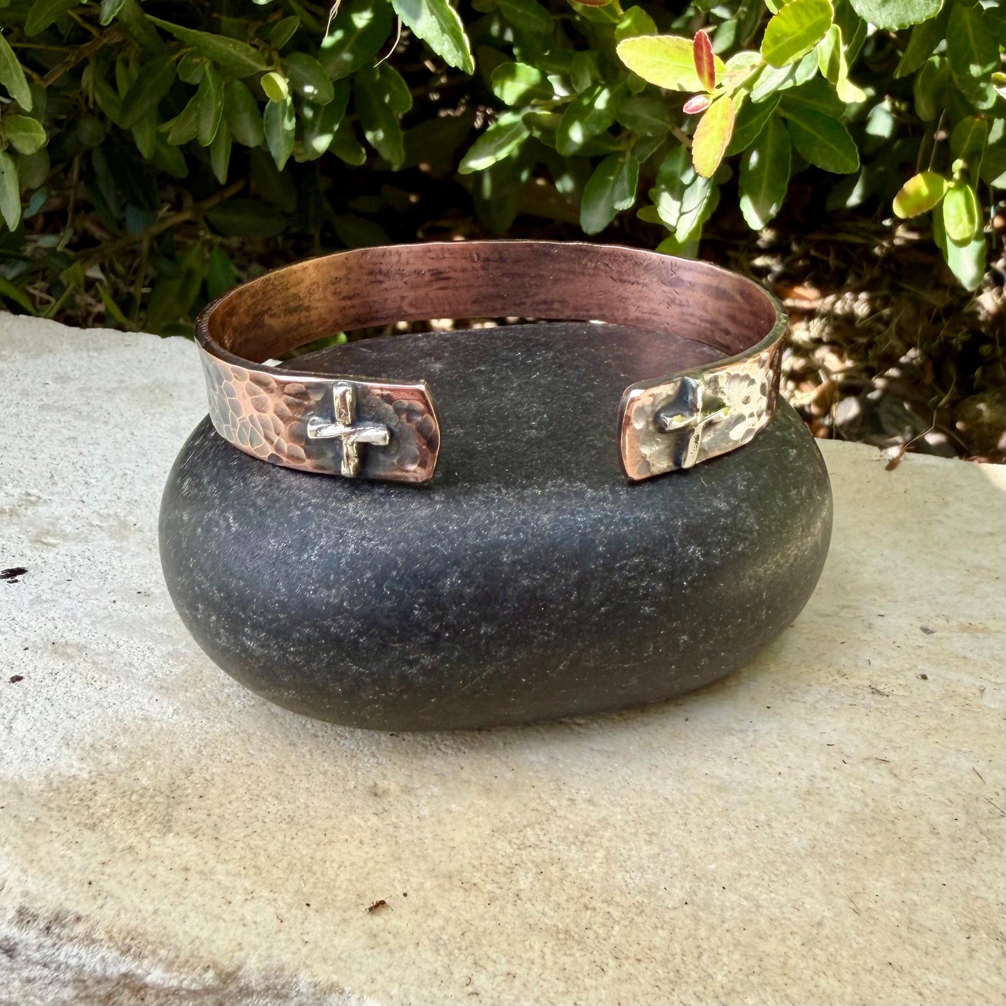 Copper Reverse Cuff with Sterling Cross Ends • Hammered Copper Bracelet • Western Faith Jewelry