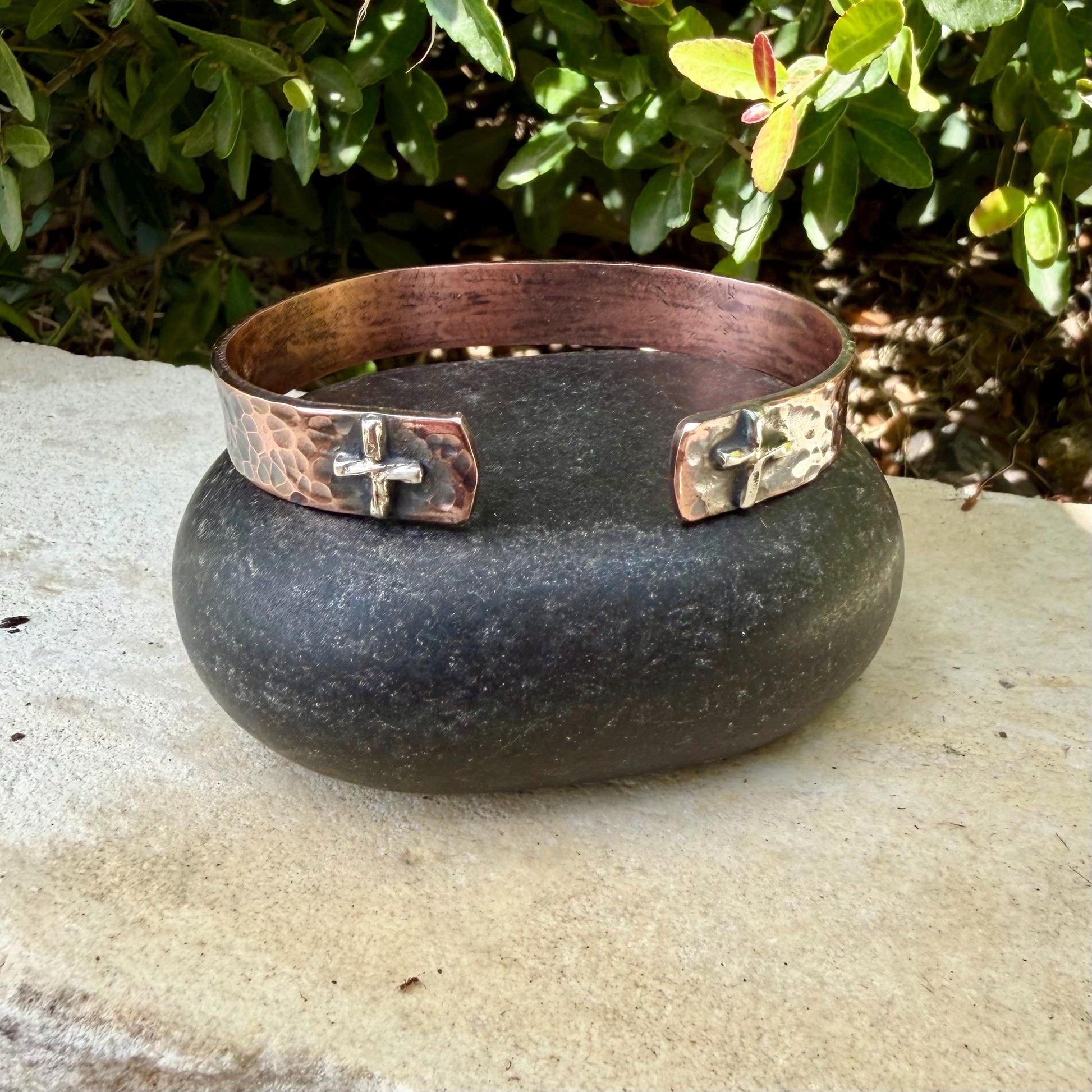 Copper Reverse Cuff with Sterling Cross Ends • Hammered Copper Bracelet • Western Faith Jewelry