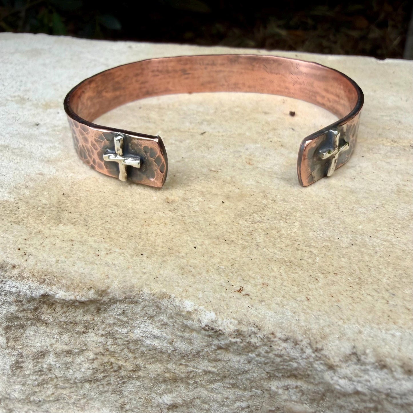 Copper Reverse Cuff with Sterling Cross Ends • Hammered Copper Bracelet • Western Faith Jewelry