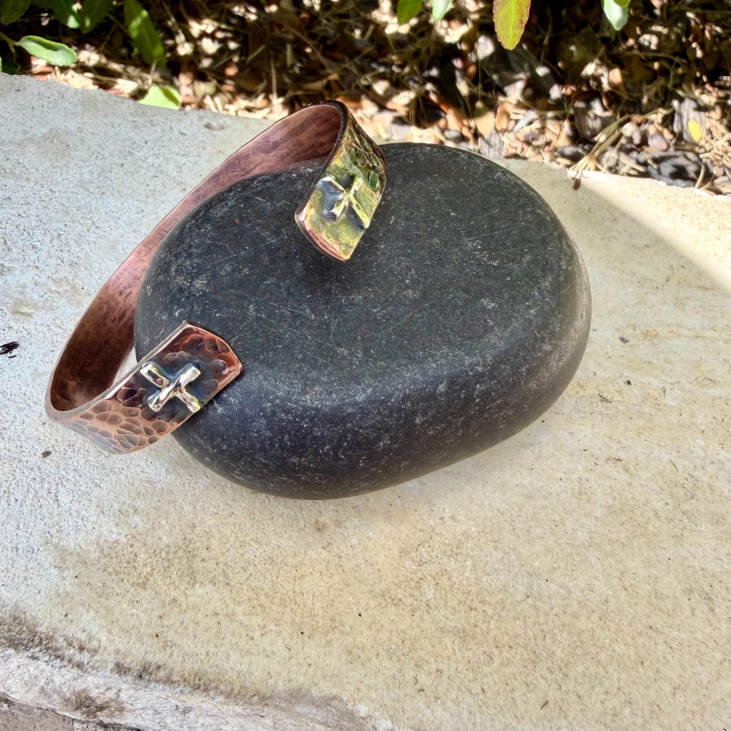 Copper Reverse Cuff with Sterling Cross Ends • Hammered Copper Bracelet • Western Faith Jewelry