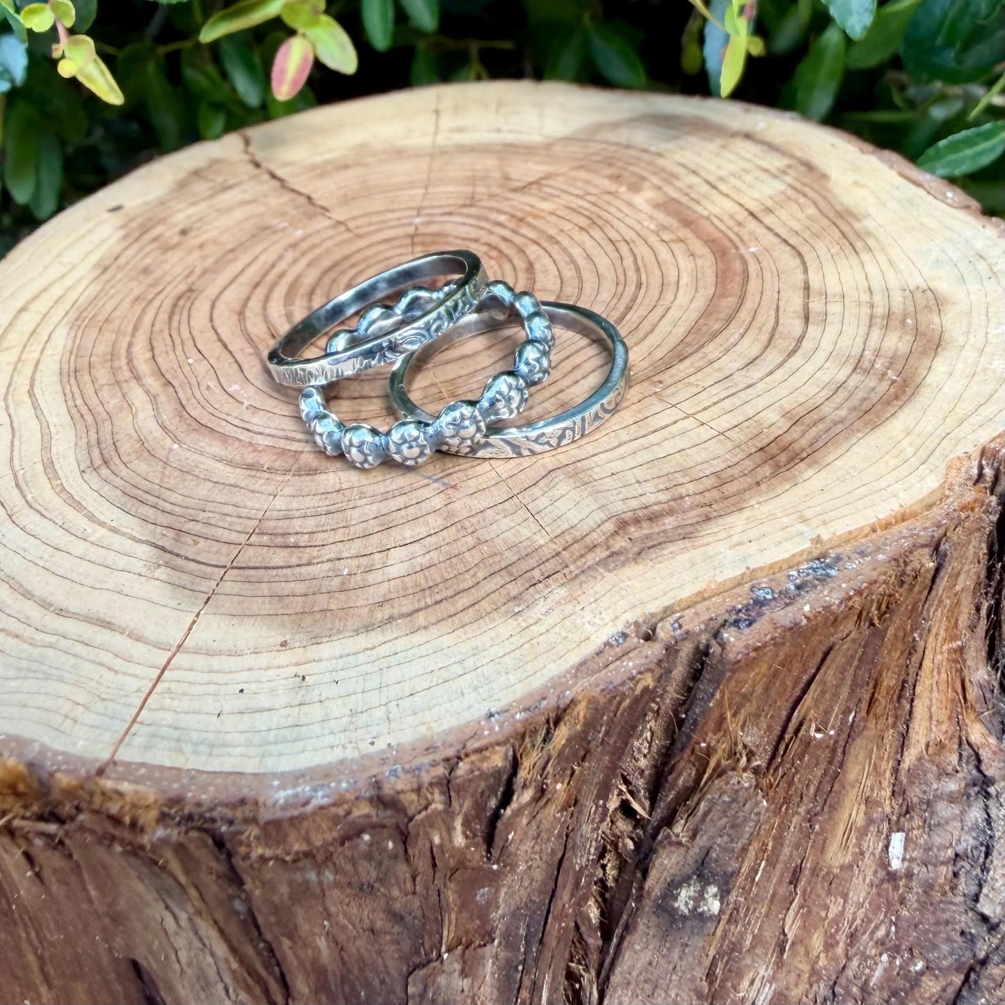 Sterling Ring Stack • 3 Ring Floral Set • Daisy Band • Rustic Silver Rings