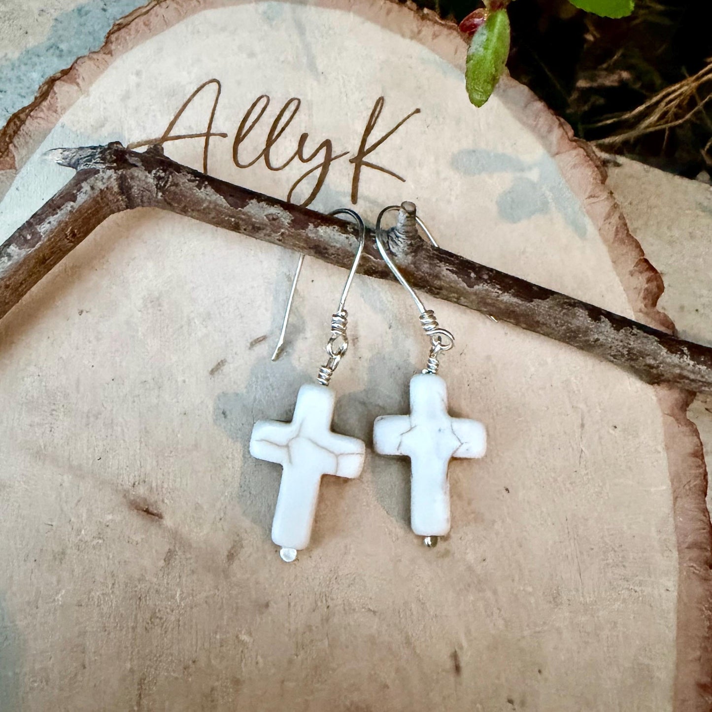 White Turquoise Howlite Cross Earrings • Sterling Silver Southwestern Jewelry
