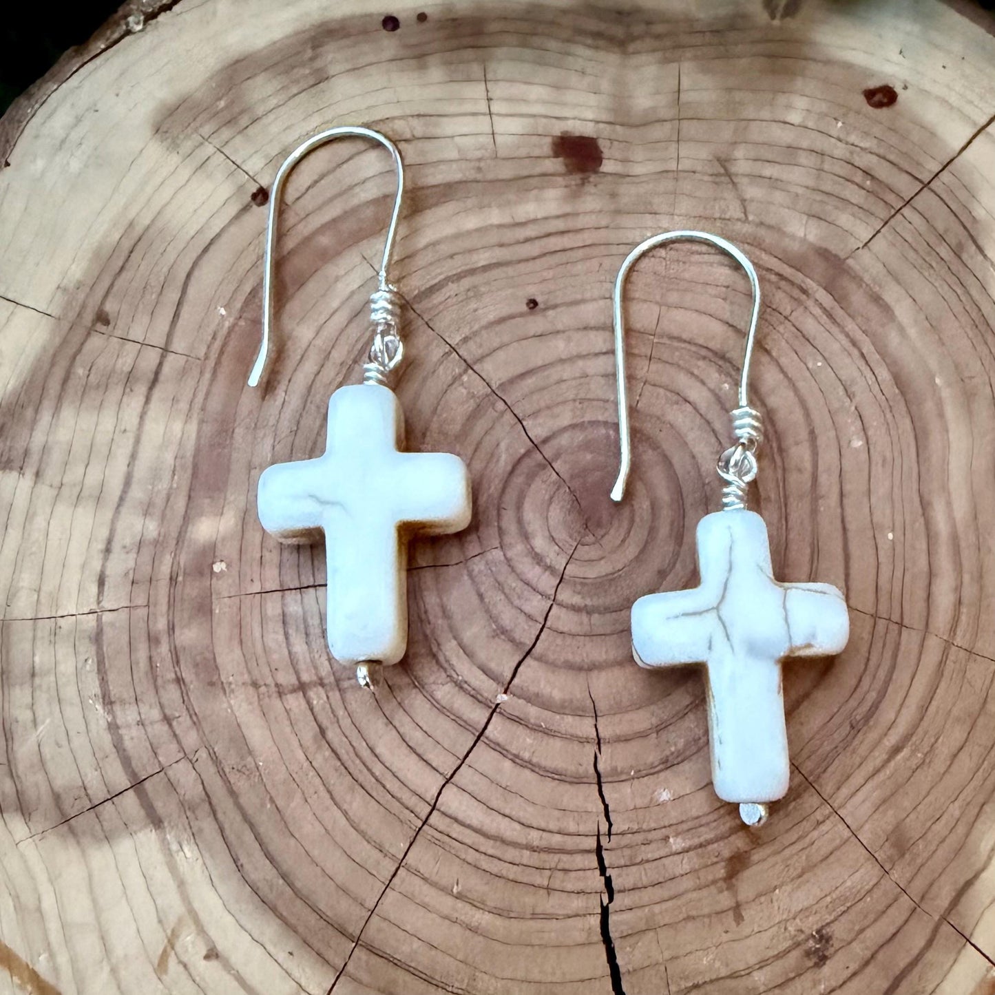 White Turquoise Howlite Cross Earrings • Sterling Silver Southwestern Jewelry
