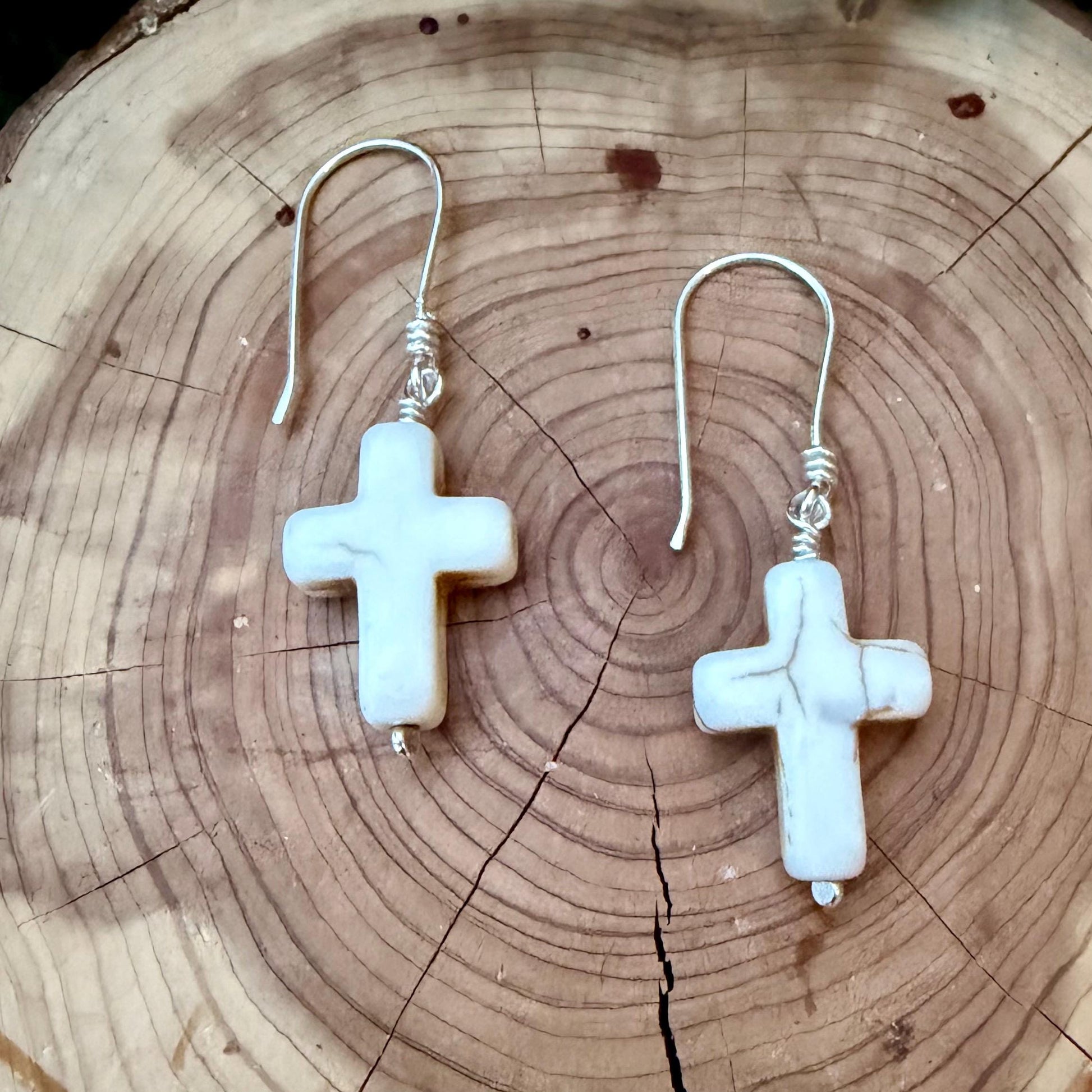 White Turquoise Howlite Cross Earrings • Sterling Silver Southwestern Jewelry