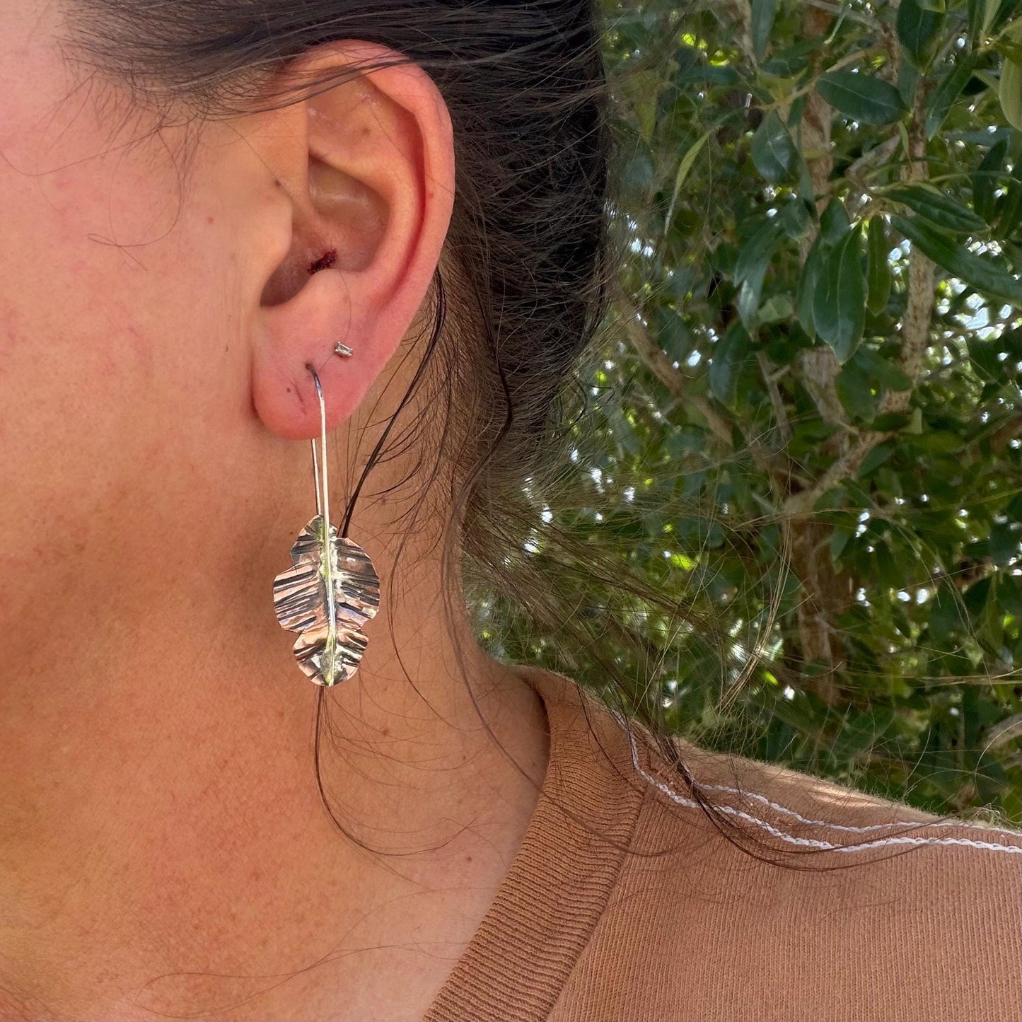Copper & Silver Leaf Earrings • Mixed Metal Dangle Earrings