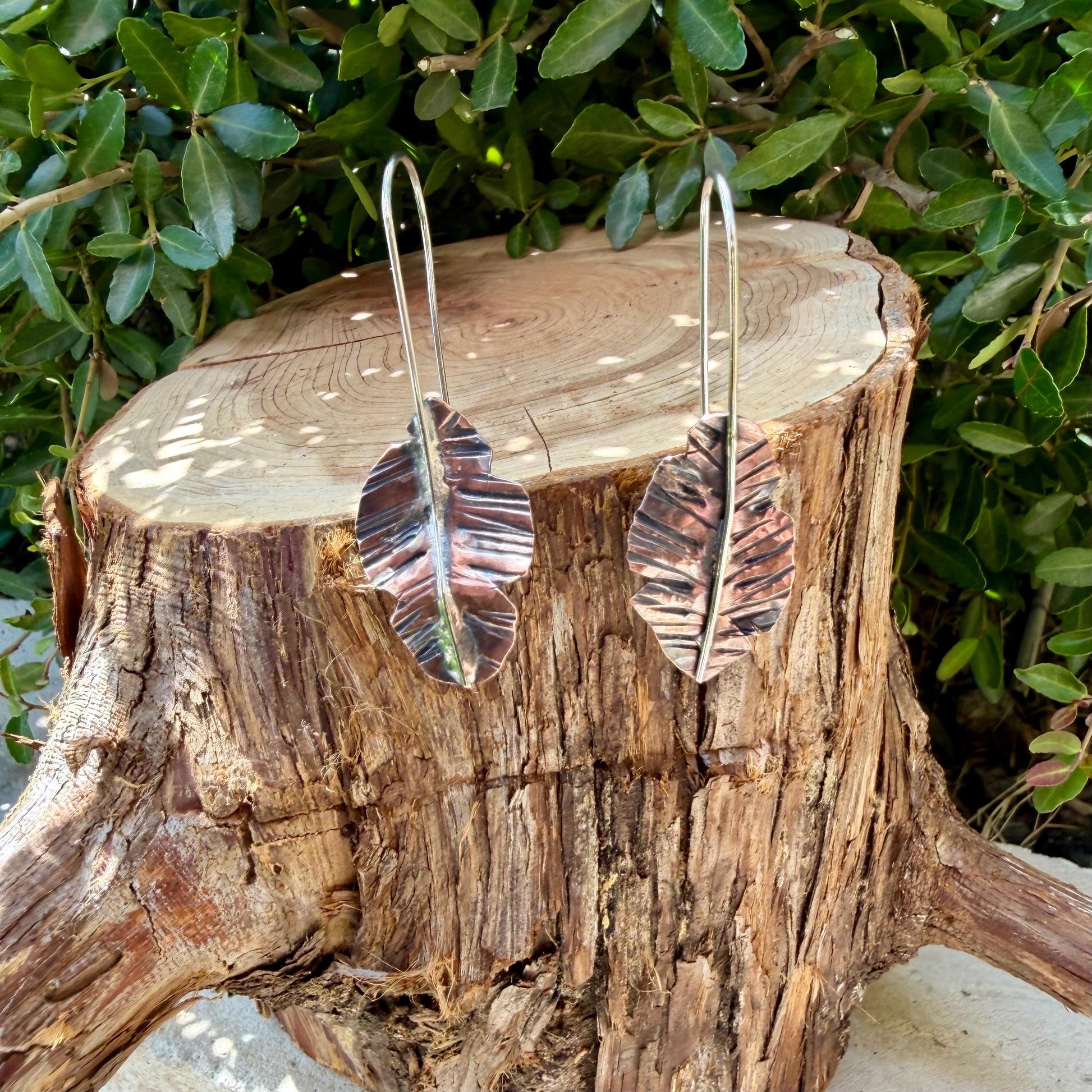 Copper & Silver Leaf Earrings • Mixed Metal Dangle Earrings