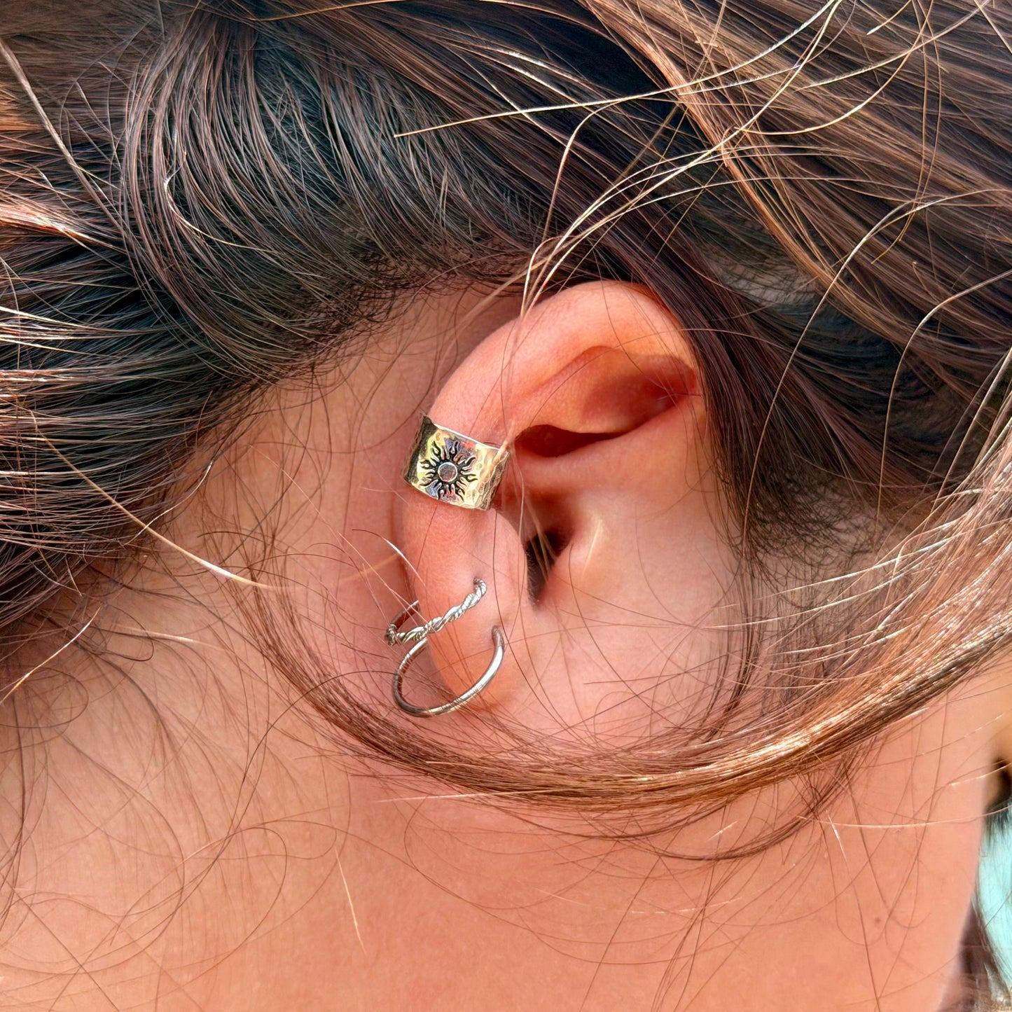 Sterling Silver Southwest Sun Hammered Ear Cuff | Wide Conch Band | No-Piercing Earring