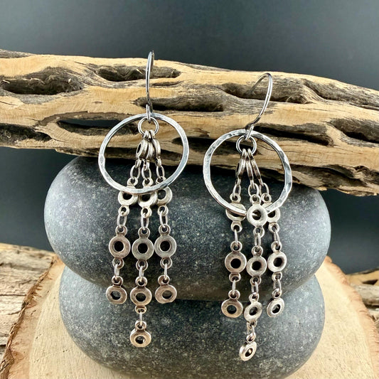 Sterling Silver Hammered Circle Earrings • Triple Chain Dangle • Modern Drop Earrings