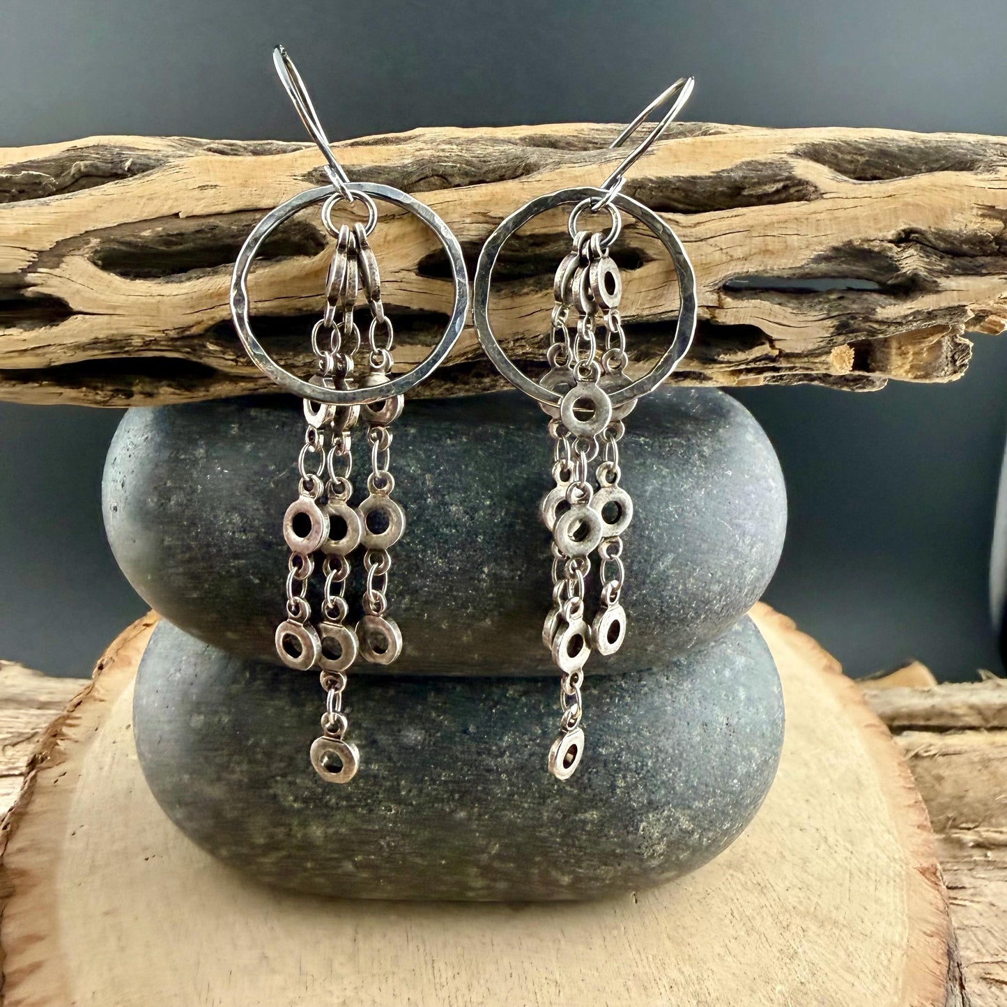 Sterling Silver Hammered Circle Earrings • Triple Chain Dangle • Modern Drop Earrings