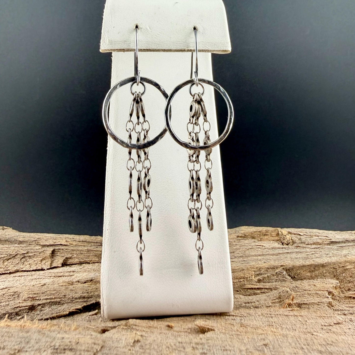 Sterling Silver Hammered Circle Earrings • Triple Chain Dangle • Modern Drop Earrings