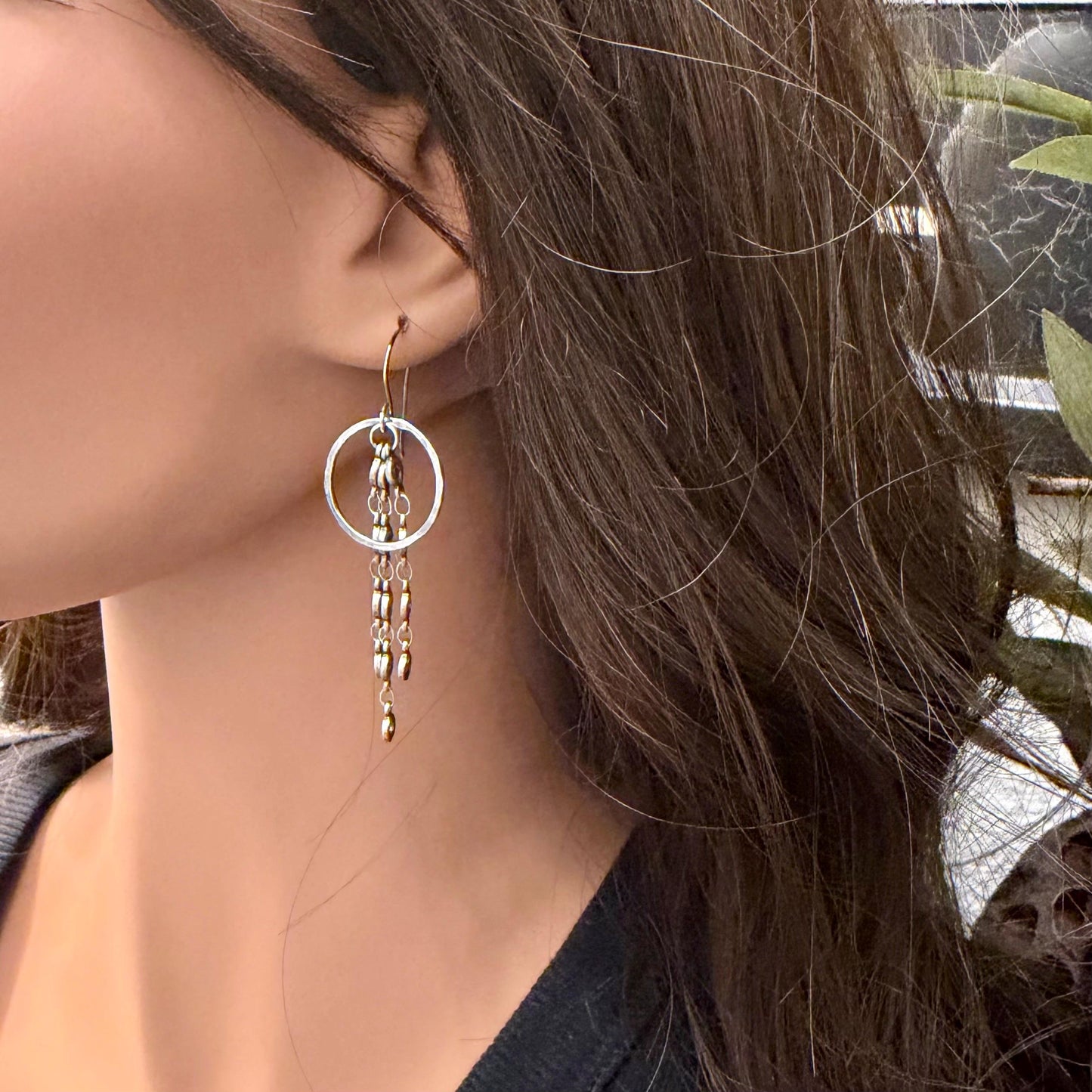 Sterling Silver Hammered Circle Earrings • Triple Chain Dangle • Modern Drop Earrings