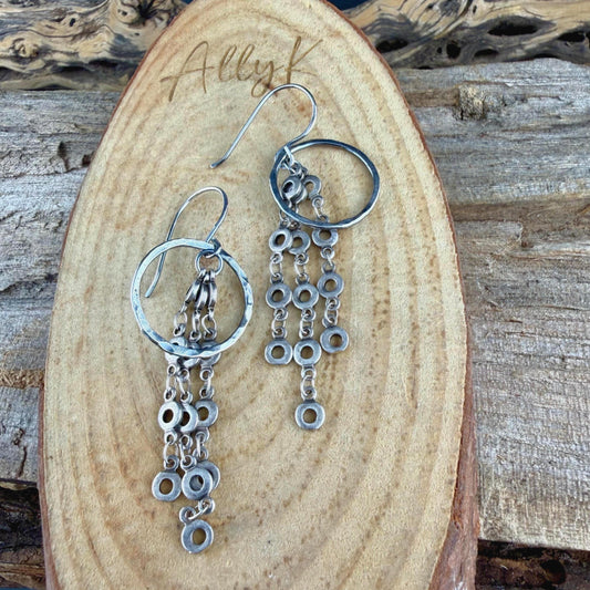 Sterling Silver Hammered Circle Earrings • Triple Chain Dangle • Modern Drop Earrings