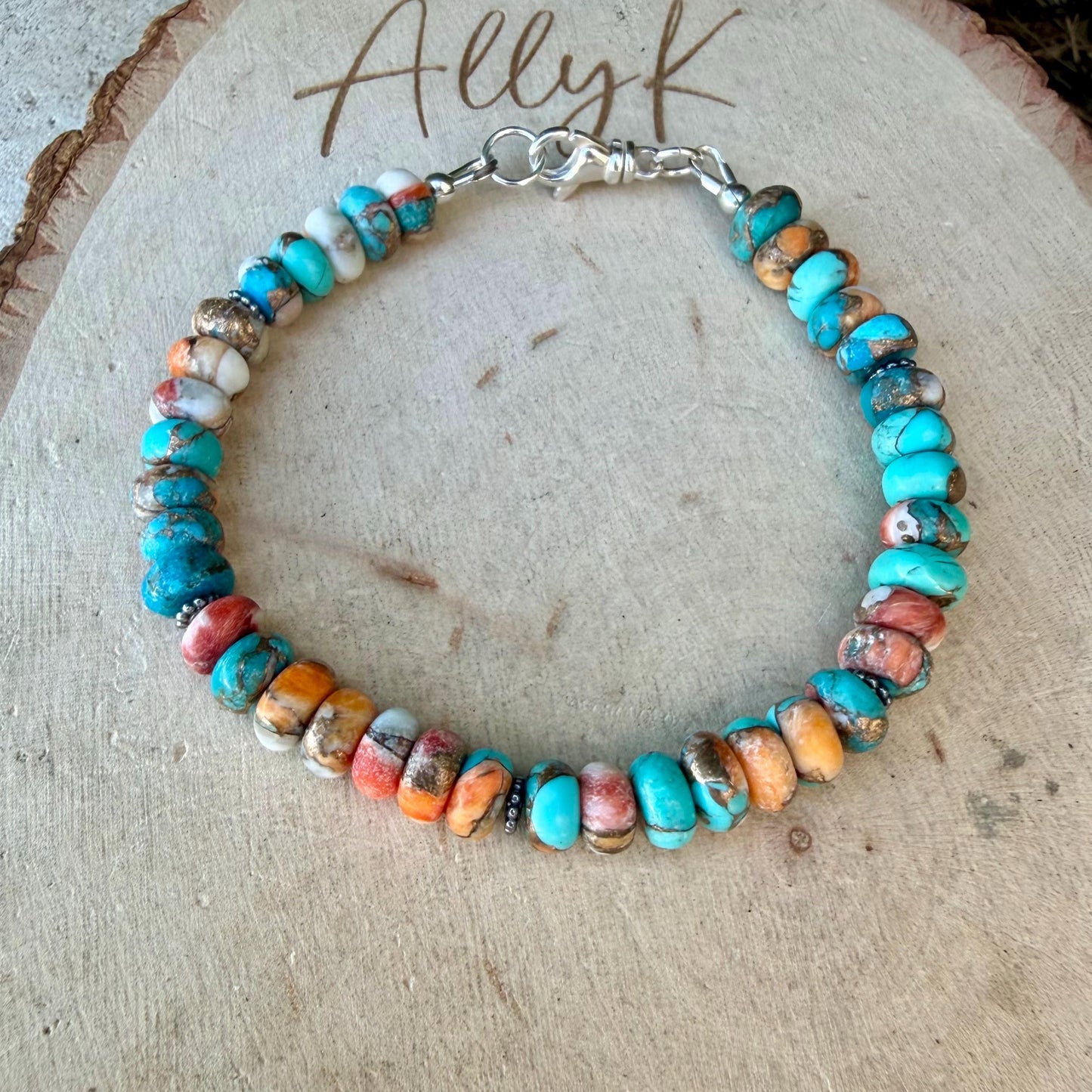 Spiny Oyster Kingman Turquoise Bracelet • Bronze Rondelles • Southwest Jewelry