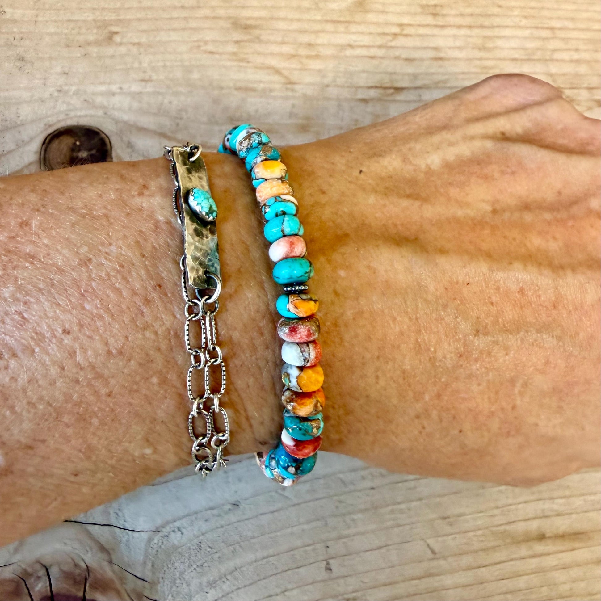 Spiny Oyster Kingman Turquoise Bracelet • Bronze Rondelles • Southwest Jewelry
