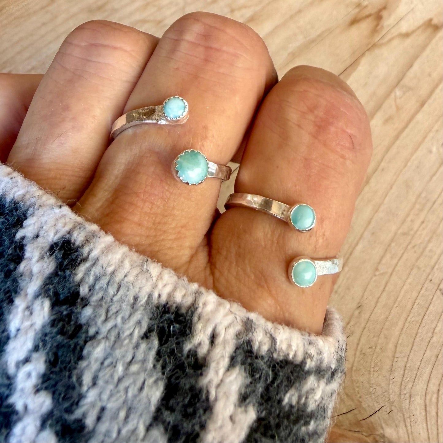 Larimar Sterling Silver Ring • Adjustable Double Bezel • Sky‑Blue Caribbean Stone