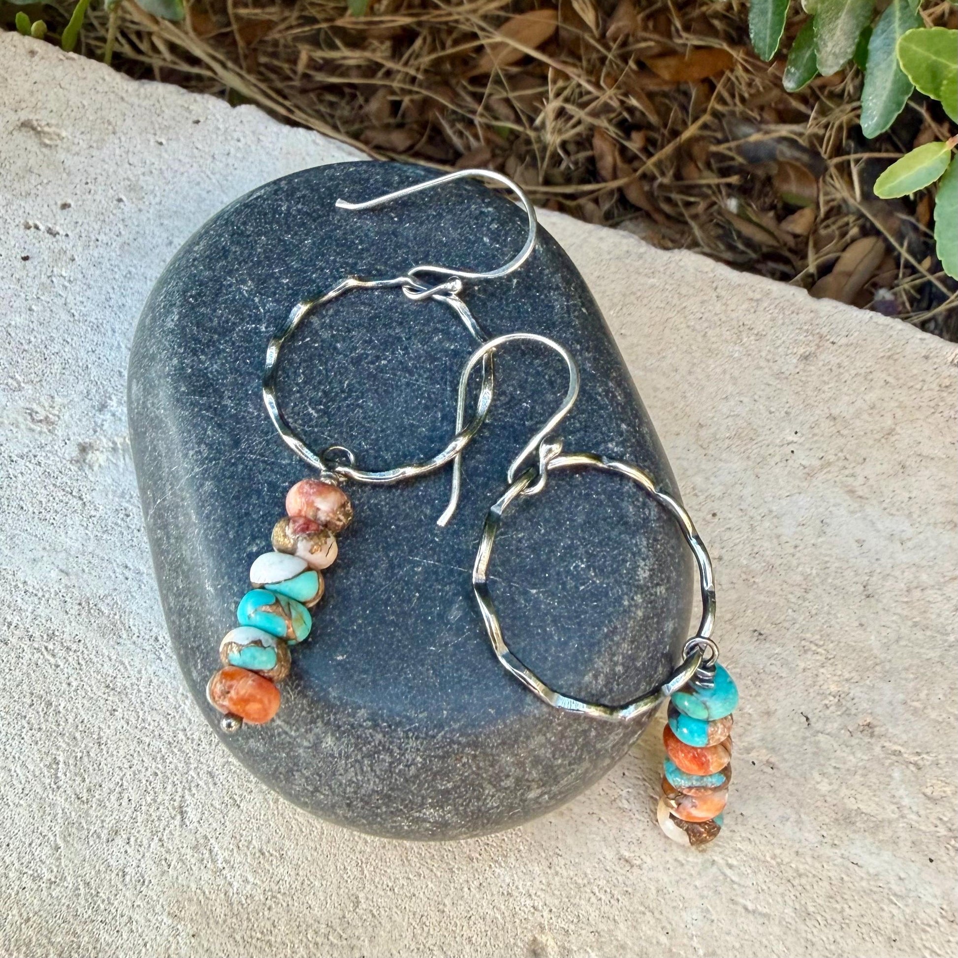 Sterling Silver Spiny Oyster & Turquoise Dangle Drop Earrings • Long Drop Style