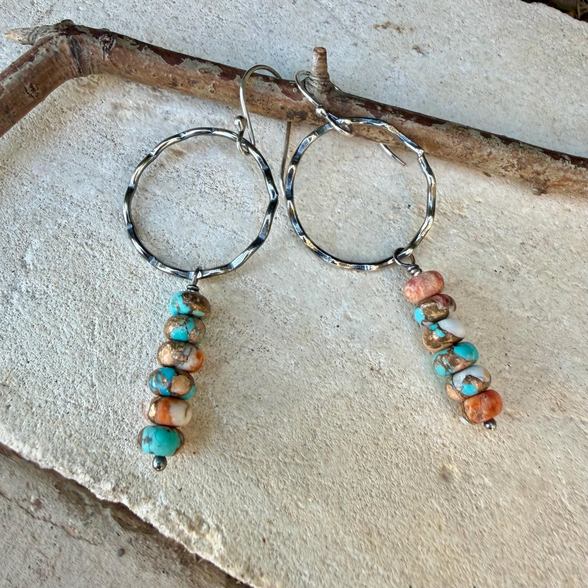 Sterling Silver Spiny Oyster & Turquoise Dangle Drop Earrings • Long Drop Style