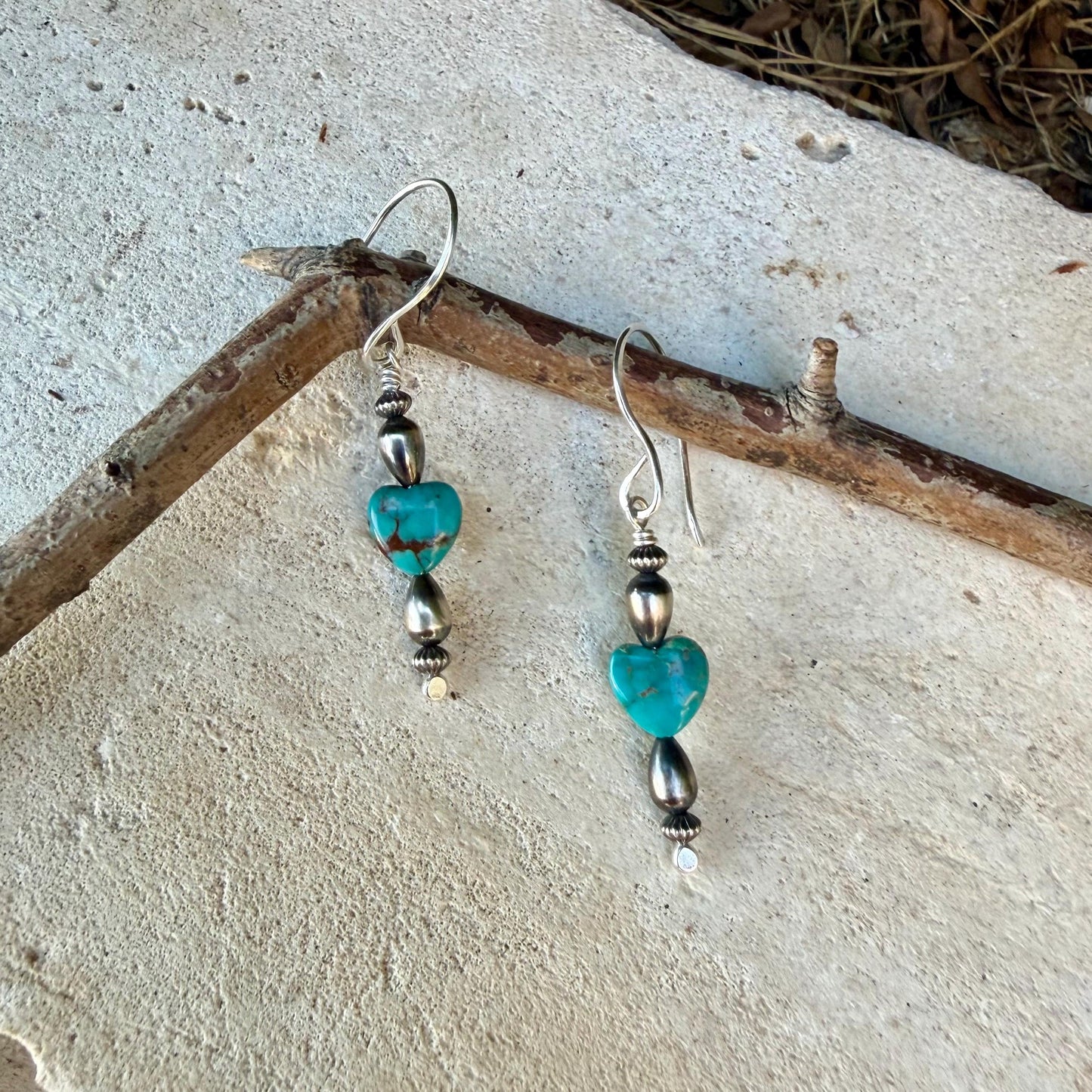 Desert Pearl Turquoise Heart Earrings • Argentium Silver Southwest Dangles