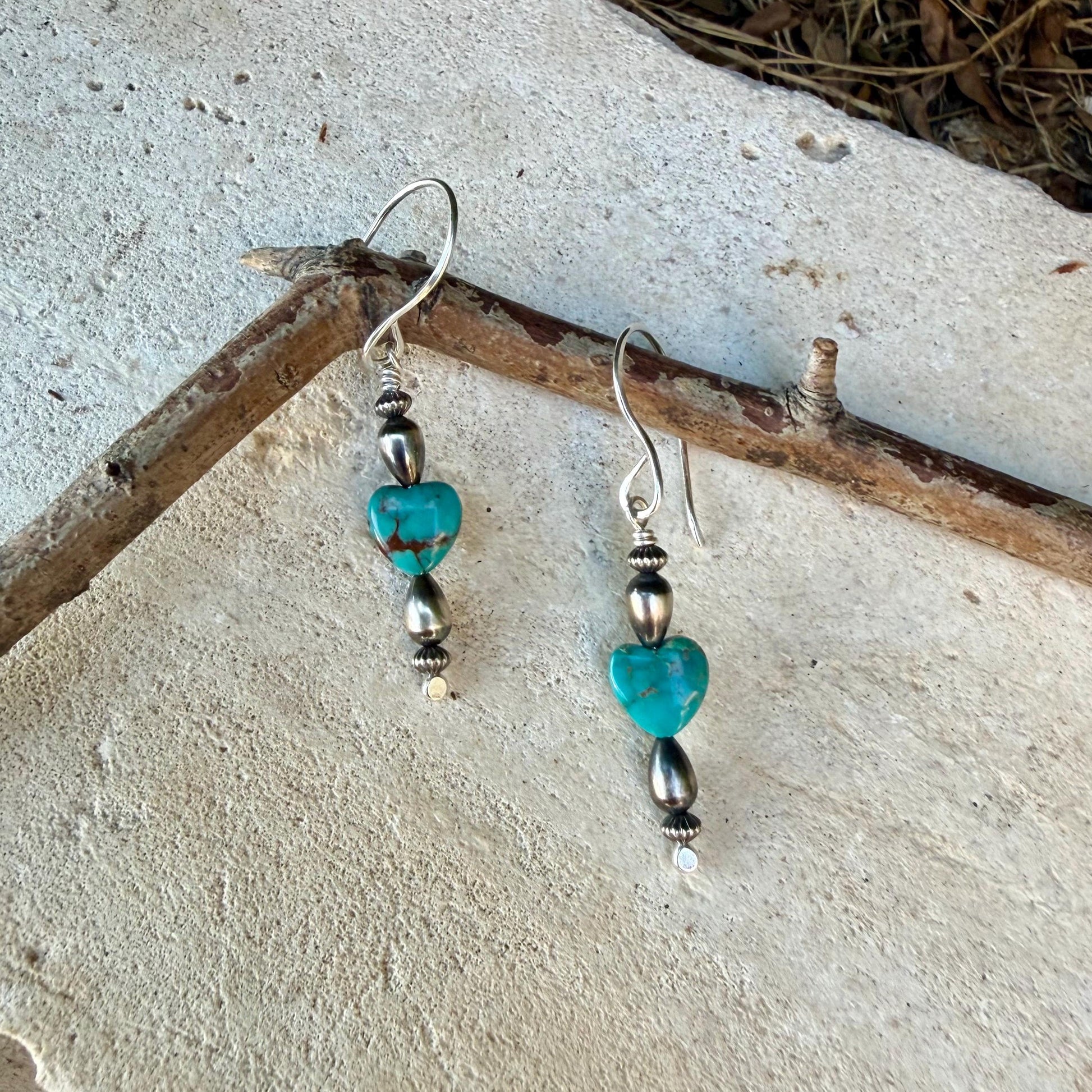 Desert Pearl Turquoise Heart Earrings • Argentium Silver Southwest Dangles