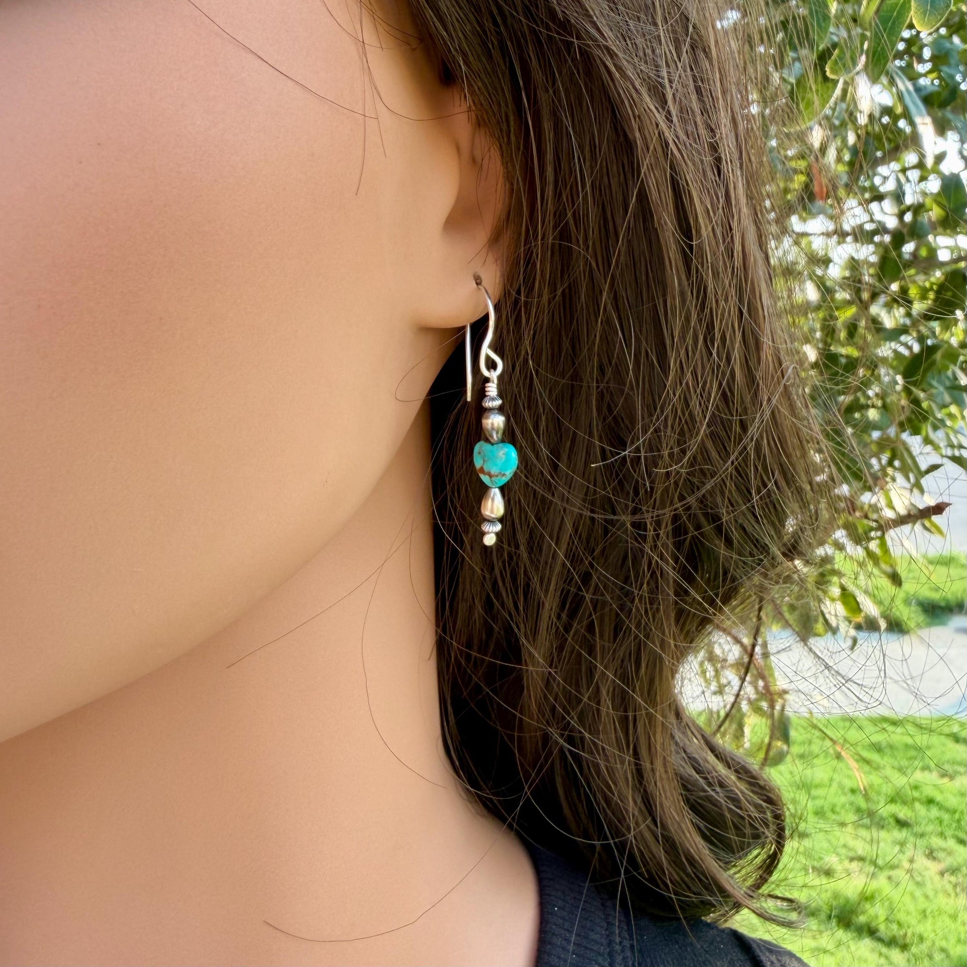 Desert Pearl Turquoise Heart Earrings • Argentium Silver Southwest Dangles